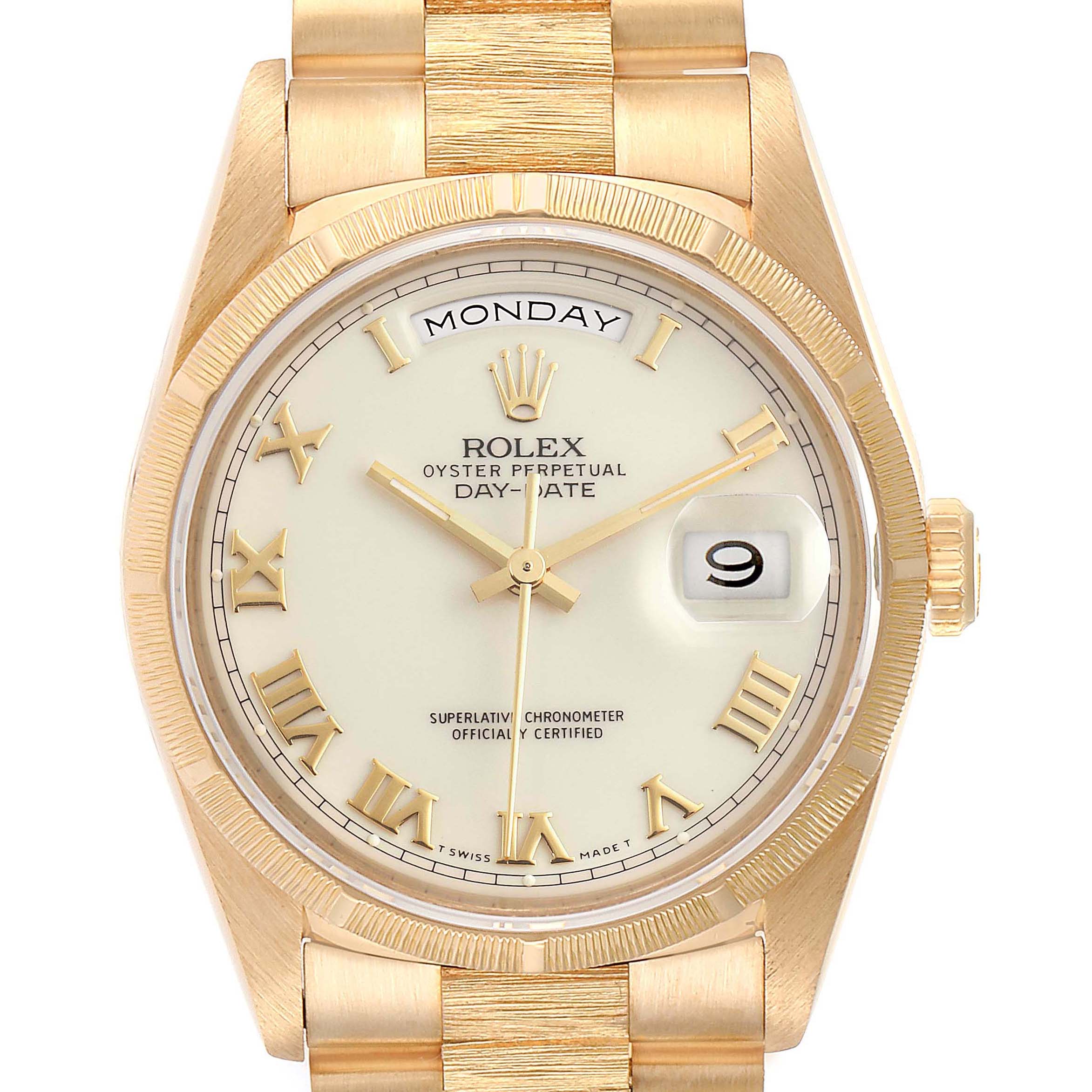This image shows a front view of the Rolex President 18248 Men's Yellow Gold Beige Dial 18248 Men's Yellow Gold Beige Dial model watch, displaying the dial, day, date, and part of the bracelet.