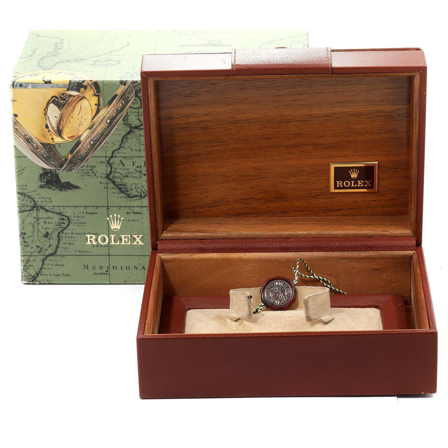 The image shows a Rolex President 18248 Men's Yellow Gold Beige Dial 18248 Men's Yellow Gold Beige Dial model watch box and outer box, with a seal tag inside the inner watch box.