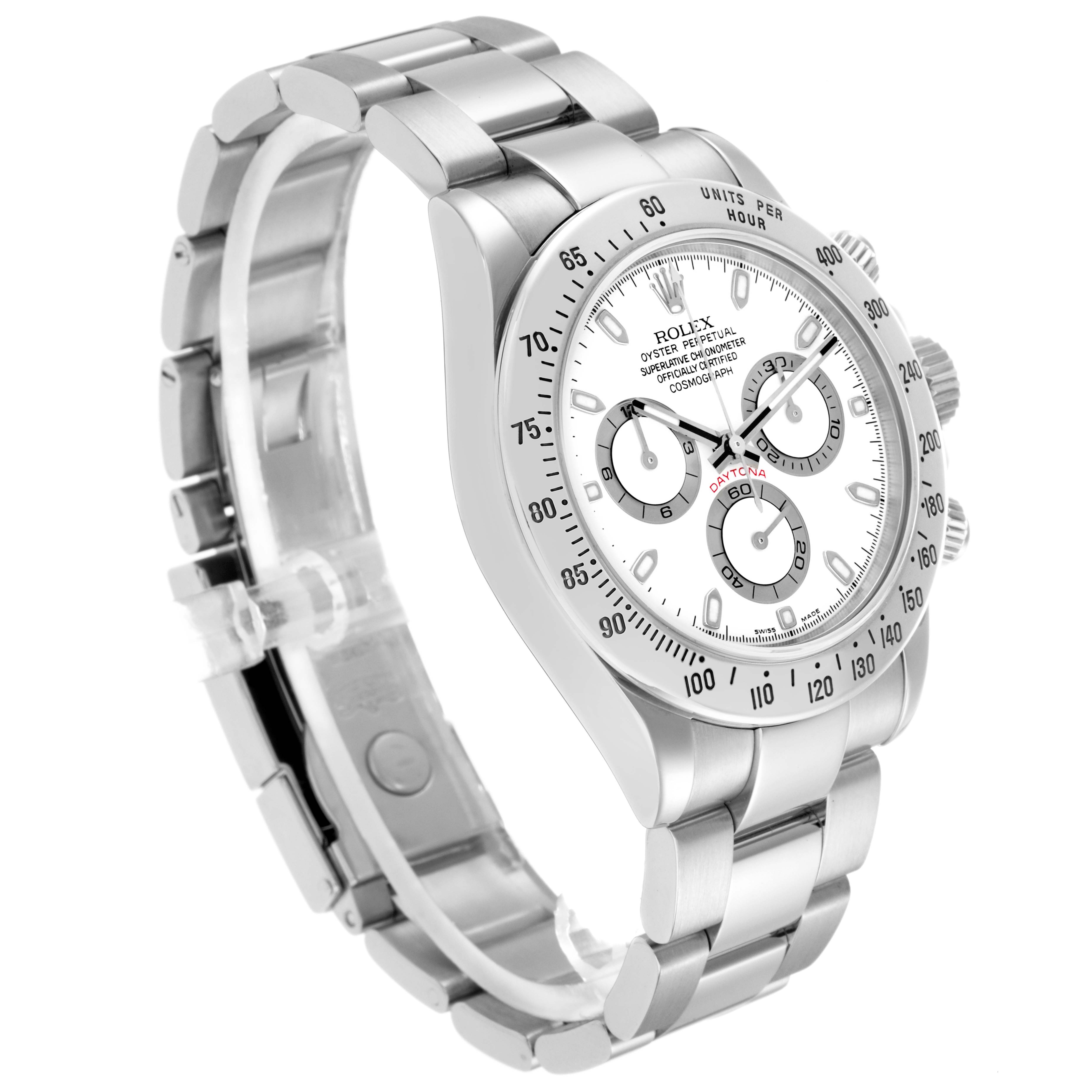 The Rolex Daytona 116520 Men
s Stainless Steel White Dial watch is shown at a slight angle, revealing the dial, bezel, and bracelet.