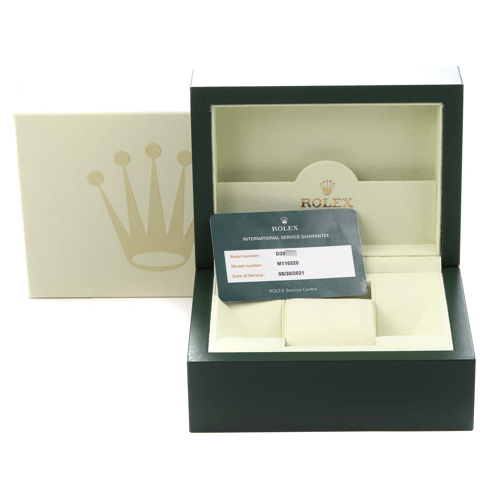 The image shows a Rolex Daytona 116520 Men
s Stainless Steel White Dial watch box and a service guarantee card, viewed from the front with both lid and card visible.