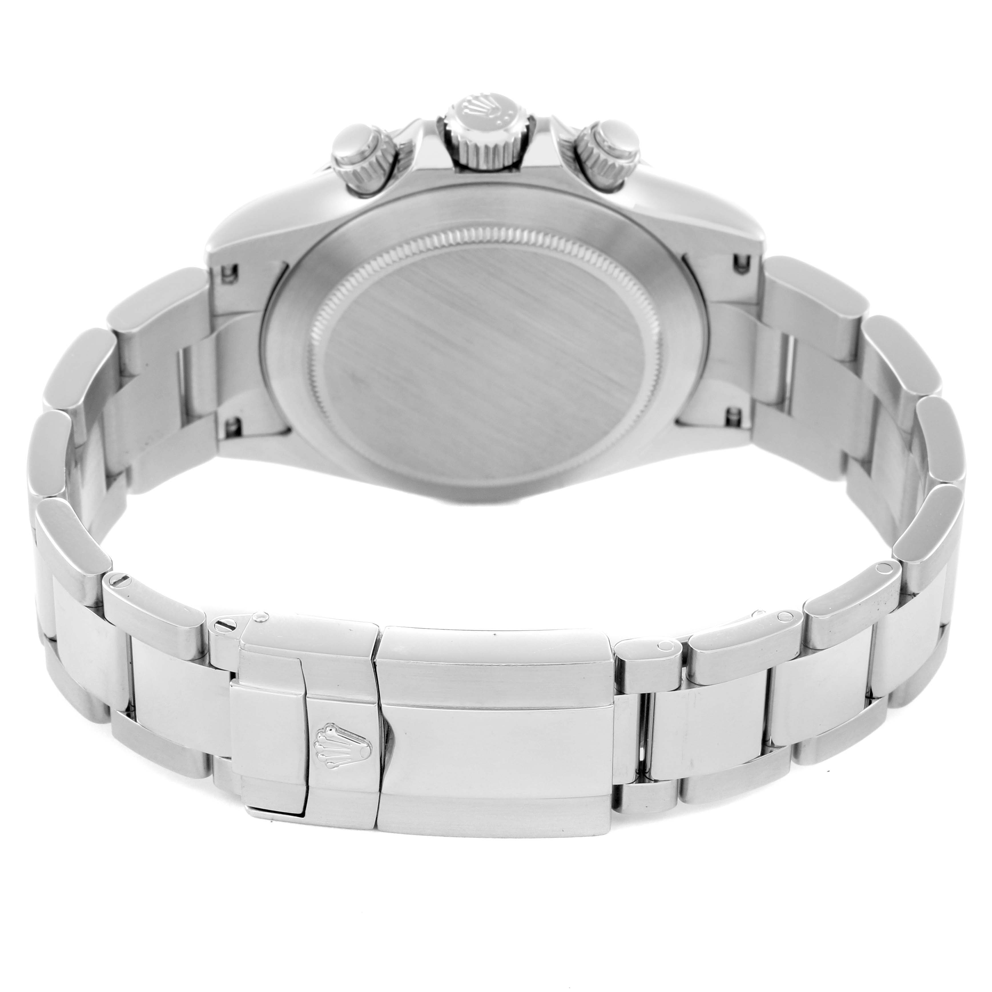 The image shows the back view of a Rolex Daytona 116520 Men
s Stainless Steel White Dial, highlighting the clasp, bracelet, and caseback.