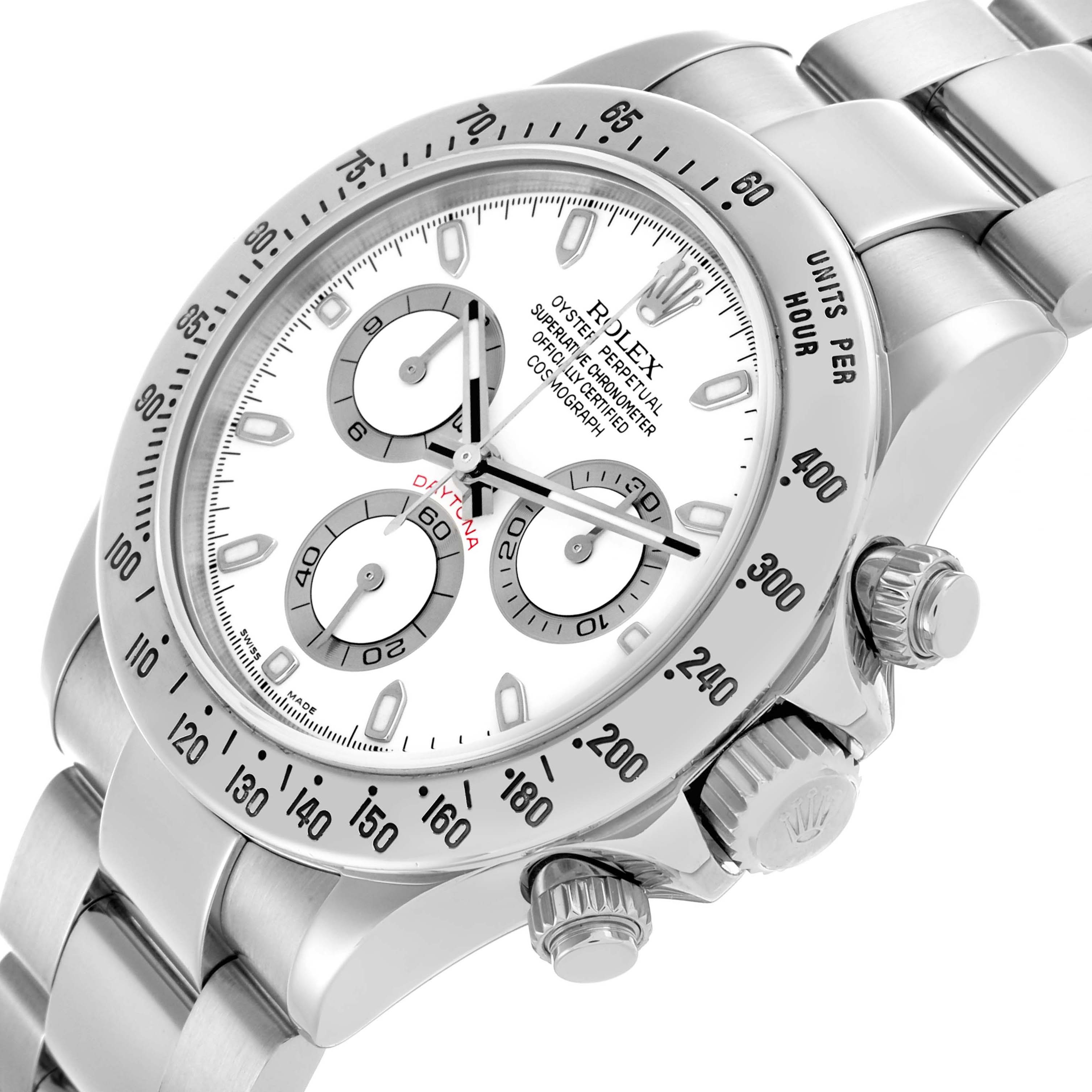 The Rolex Daytona 116520 Men
s Stainless Steel White Dial watch is shown at an angled view, displaying its face, bezel, crown, and push buttons.