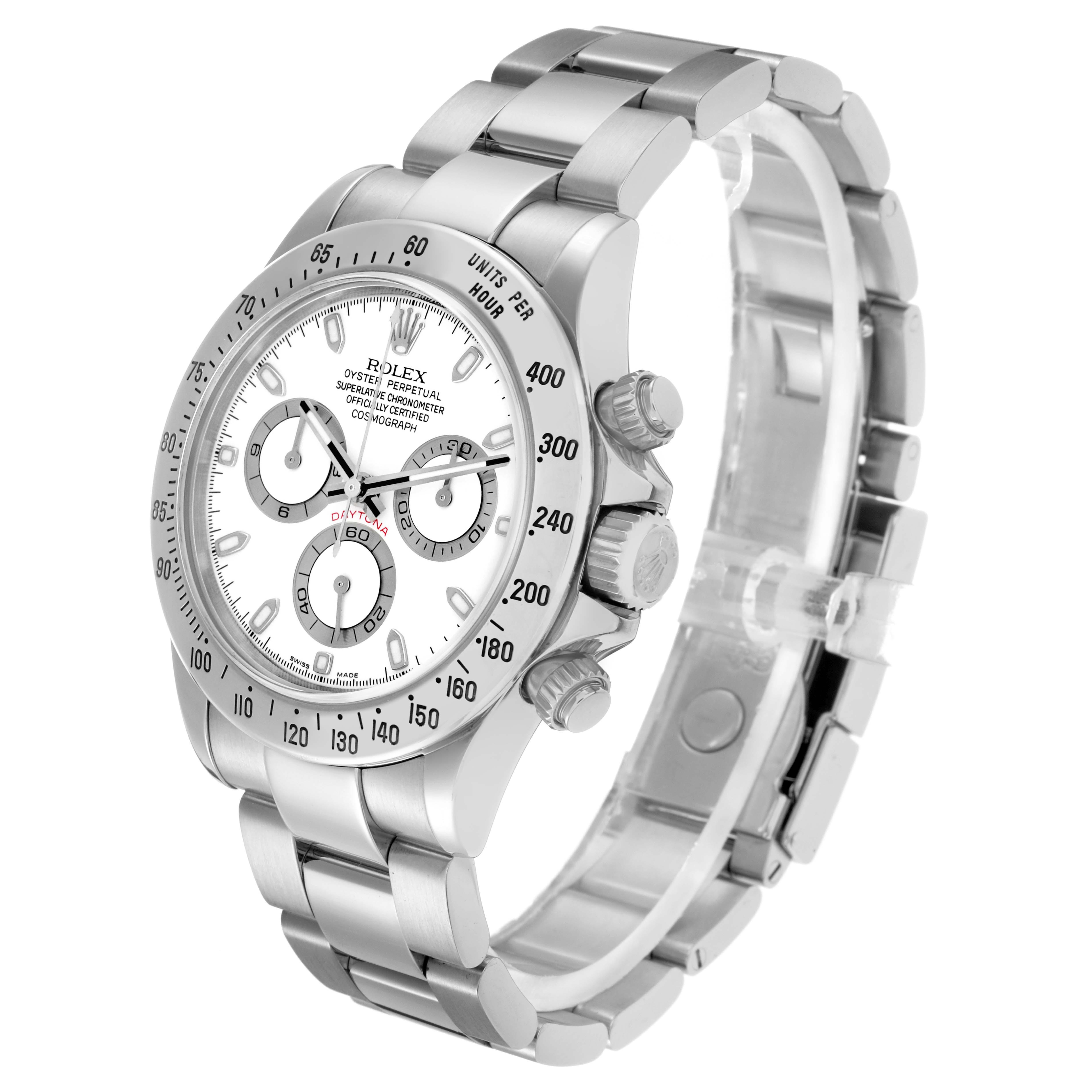 The Rolex Daytona 116520 Men
s Stainless Steel White Dial watch is shown at a three-quarter angle, highlighting its face, bezel, crown, pushers, and bracelet.