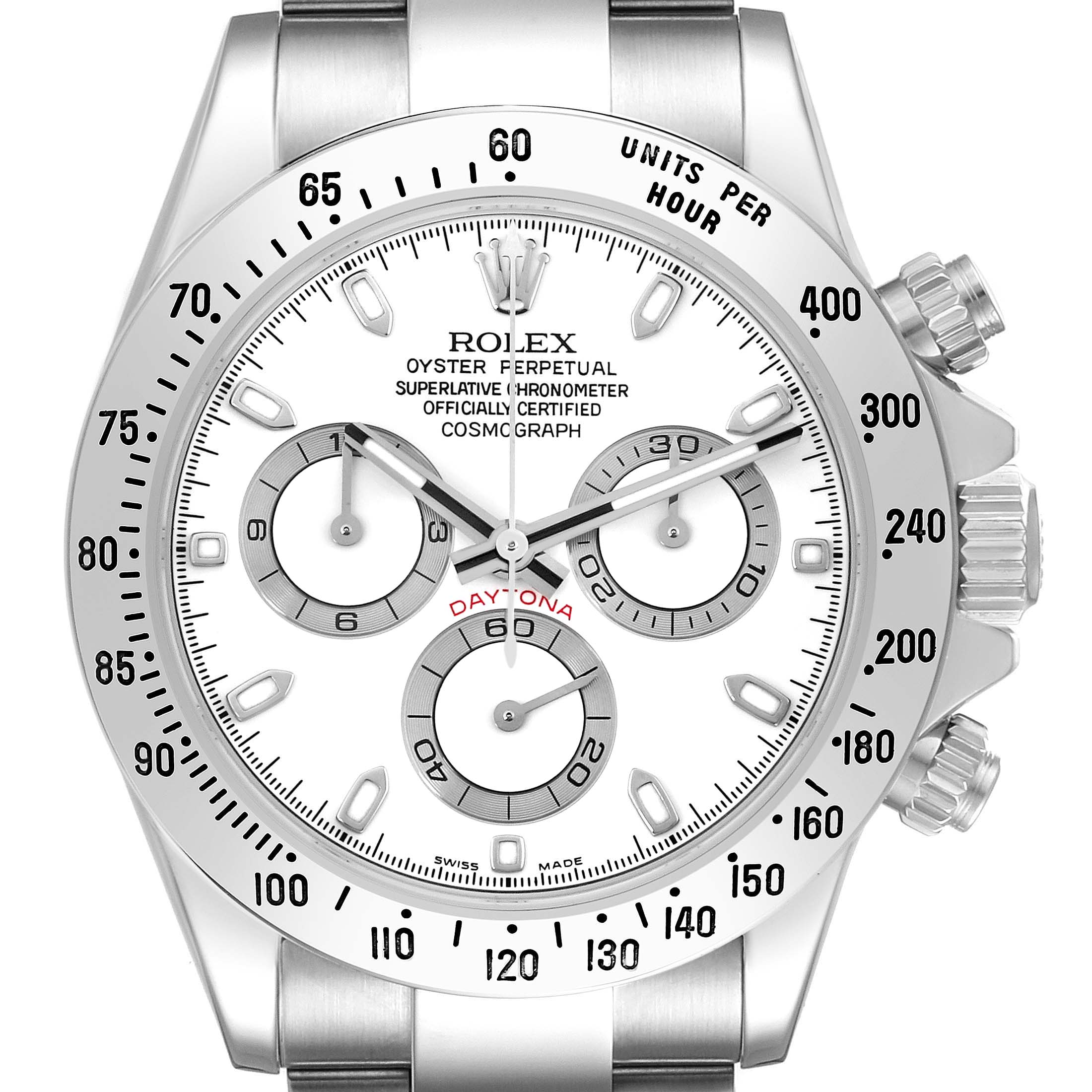 The image shows a frontal view of the Rolex Daytona 116520 Men
s Stainless Steel White Dial, highlighting the dial, subdials, bezel, and crown.