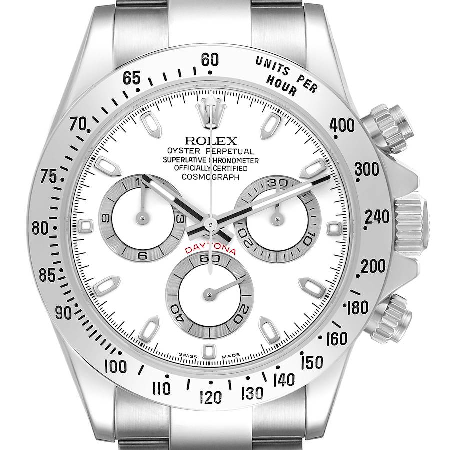 The Rolex Daytona model 116520 is shown from a front angle, displaying the full dial, bezel, pushers, and part of the bracelet.