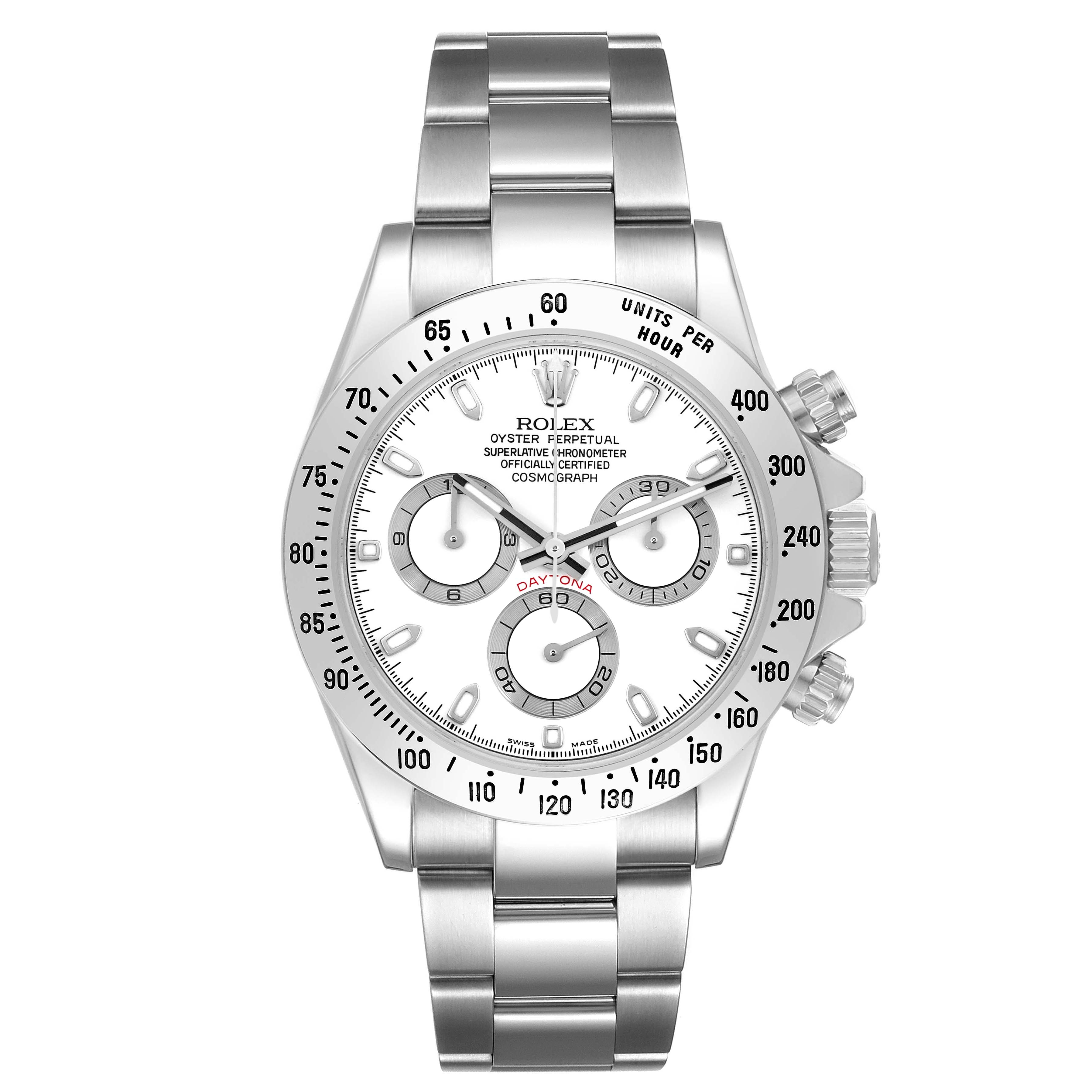 The Rolex Daytona 116520 Men
s Stainless Steel White Dial watch is shown from a front angle, displaying the bracelet, bezel, dial, and chronograph subdials.