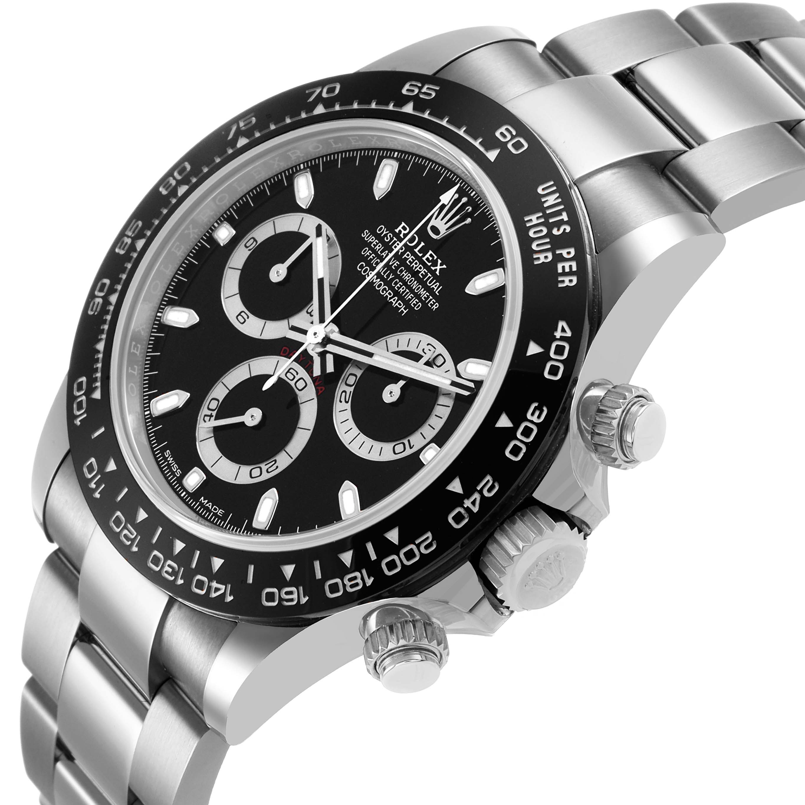 The image shows a side view of the Rolex Daytona 116500LN Men's Stainless Steel Black Dial, highlighting the bezel, dial, bracelet, and chronograph pushers.
