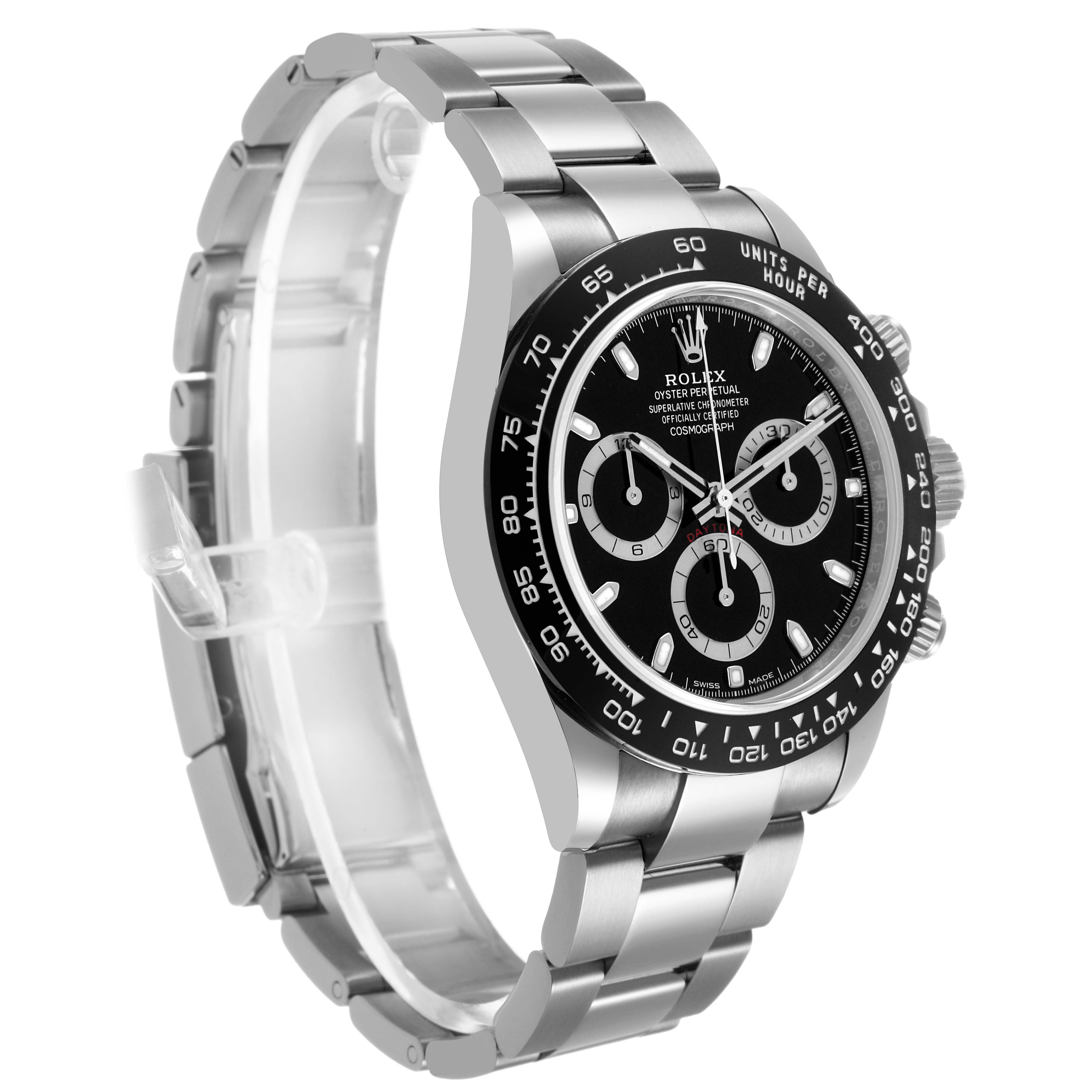 The Rolex Daytona 116500LN Men's Stainless Steel Black Dial model is shown at a slight angle, displaying its face, bezel, pushers, and bracelet.