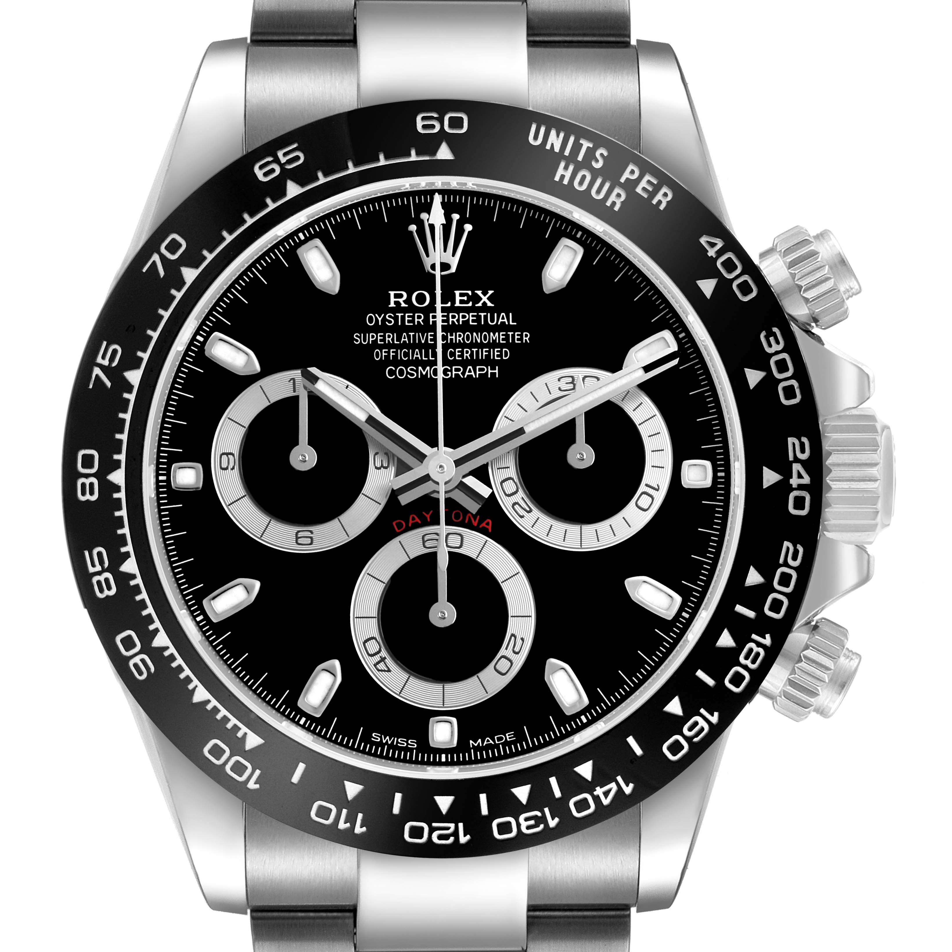 The image shows a front view of a Rolex Daytona 116500LN Men's Stainless Steel Black Dial watch, highlighting the dial, bezel, crown, and pushers.