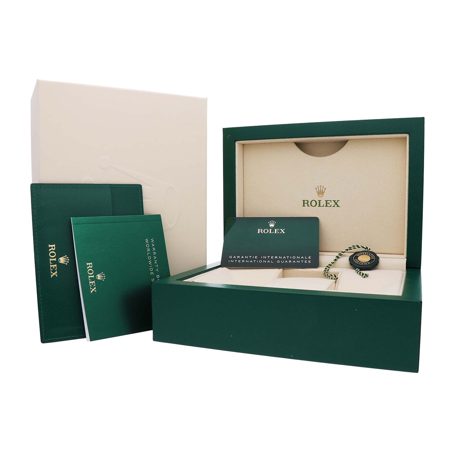 The image shows a Rolex Daytona 116500LN Men's Stainless Steel Black Dial box set, including a green watch box, warranty cards, and a Rolex tag, with an angled view.