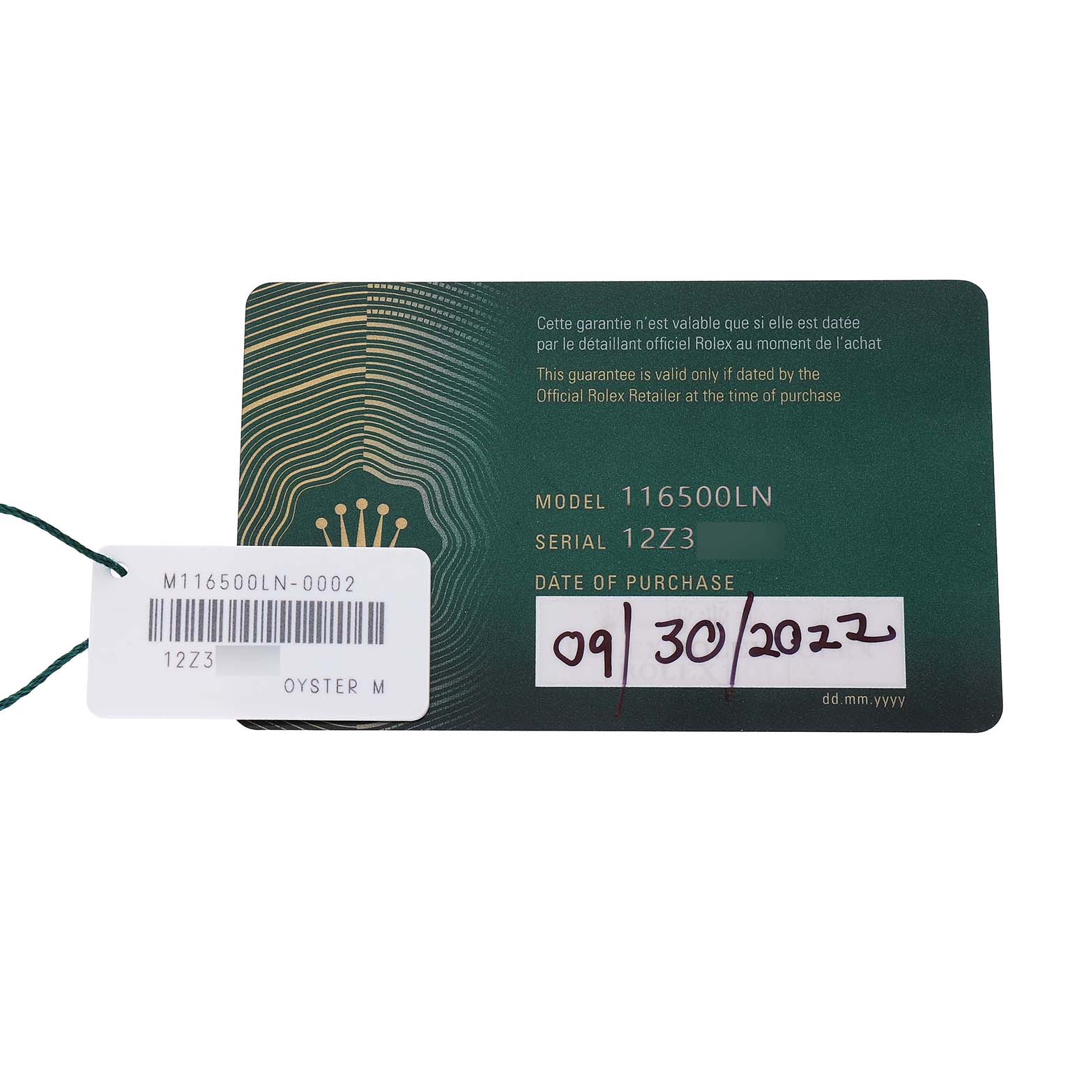 The image shows a warranty card and tag for a Rolex Daytona 116500LN Men's Stainless Steel Black Dial model 116500LN.