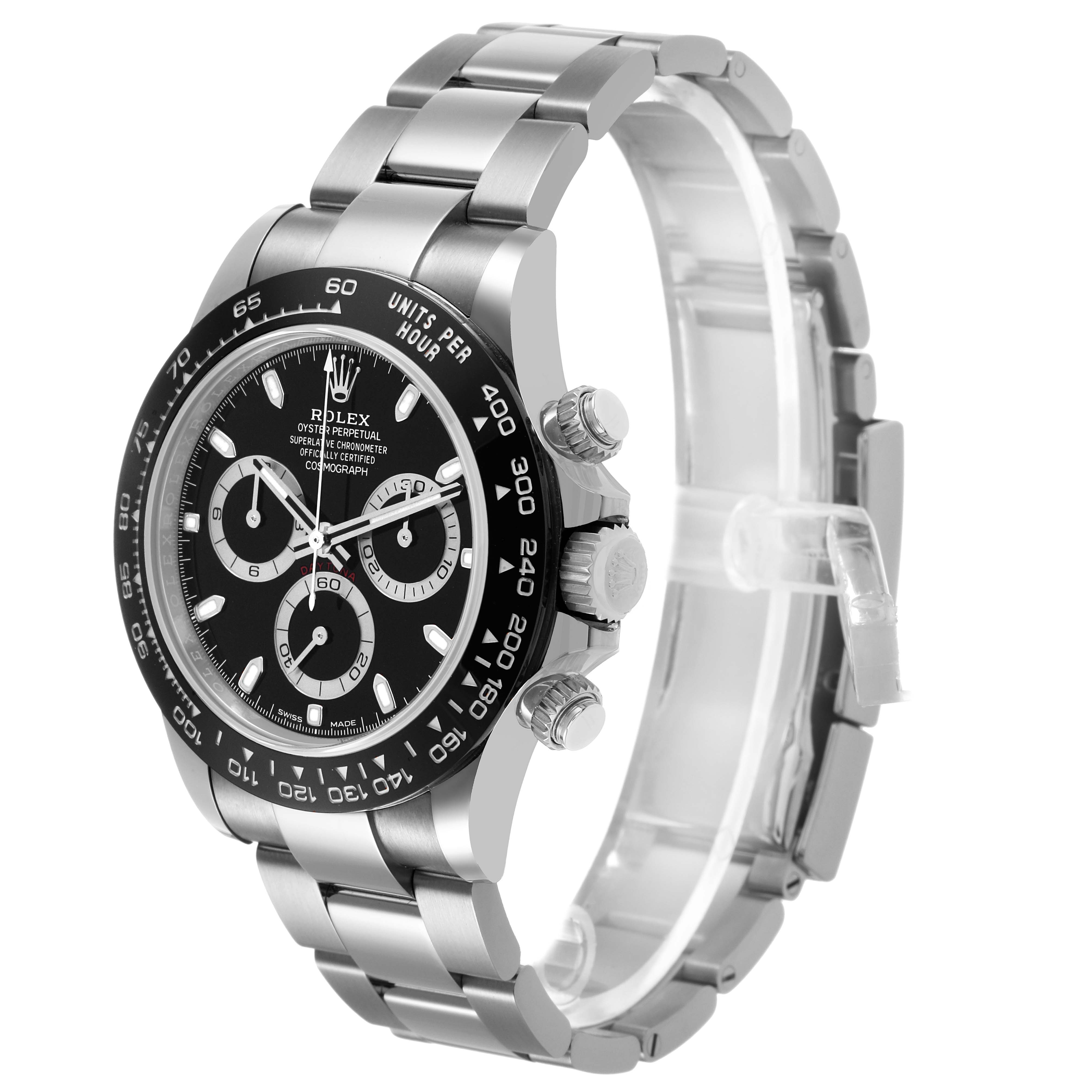 The Rolex Daytona 116500LN Men's Stainless Steel Black Dial watch is shown at a three-quarter angle, highlighting the bezel, dial, pushers, and bracelet.