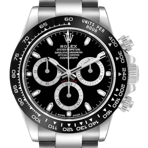 This image shows a front view of the Rolex Daytona 116500LN Men's Stainless Steel Black Dial watch, highlighting its dial, bezel, subdials, and pushers.