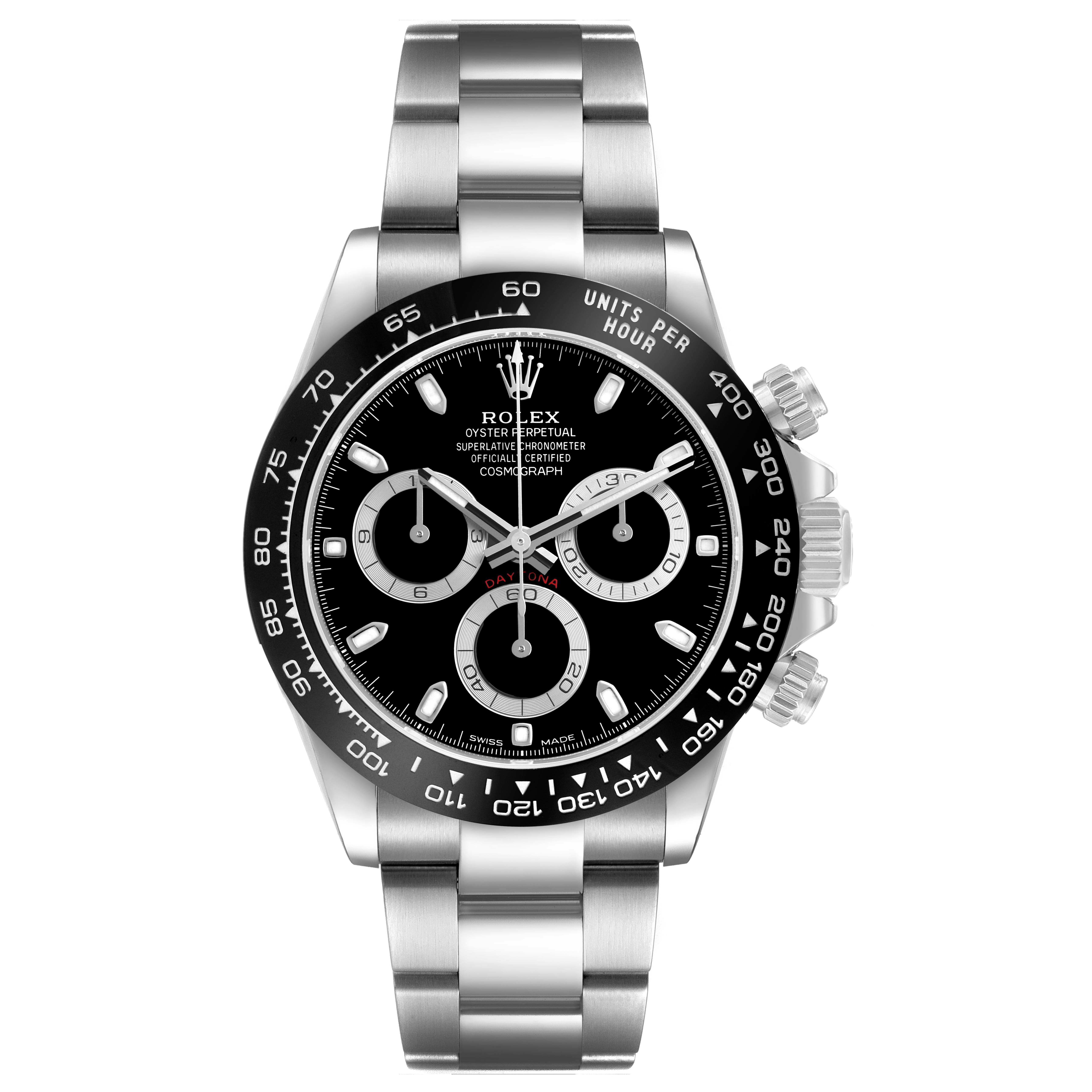 The Rolex Daytona 116500LN Men's Stainless Steel Black Dial watch is shown from the front, displaying its dial, bezel, bracelet, and pushers.
