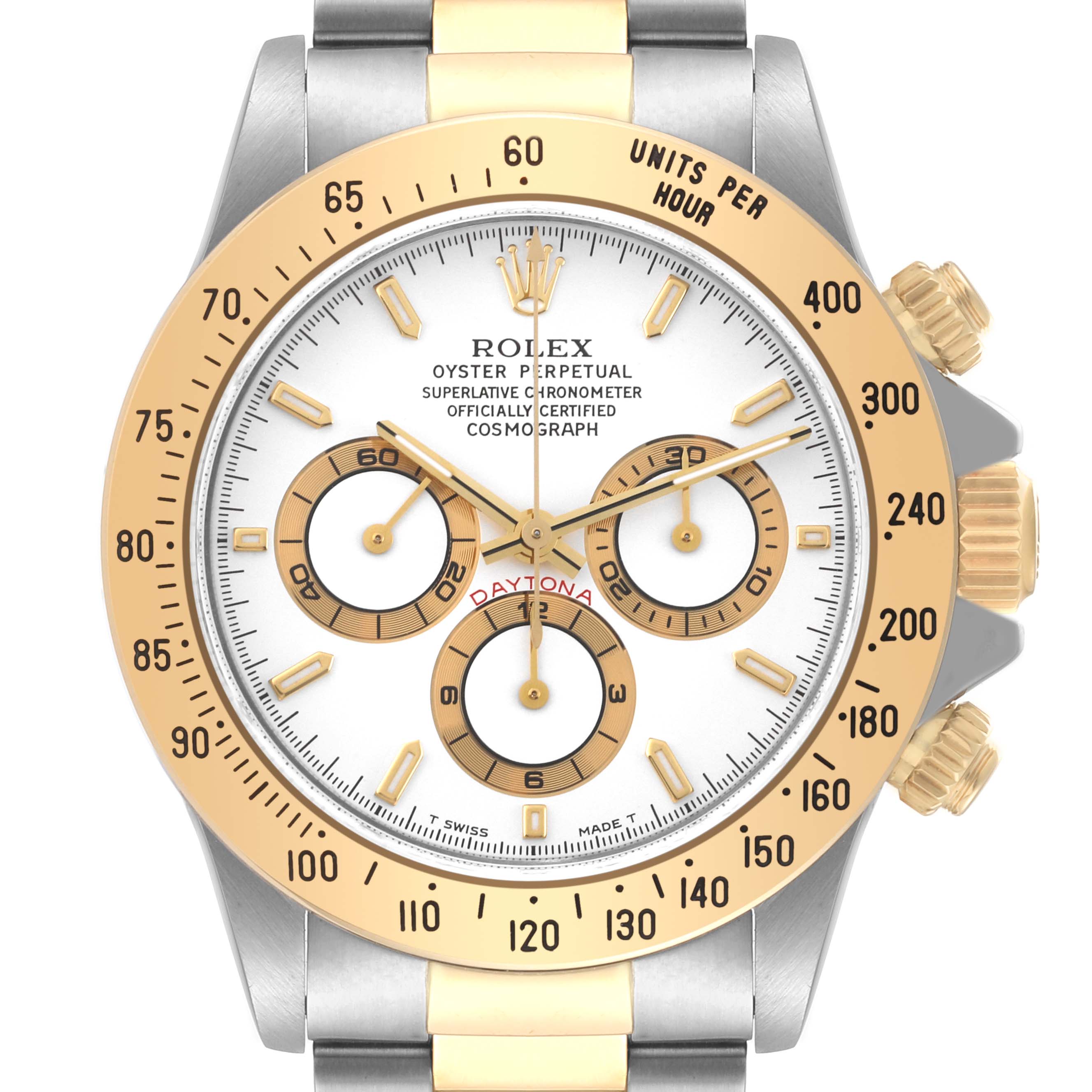The image shows a front view of a Rolex Daytona 16523 Men
s Steel and Gold (two tone) White Dial 16523 Men
s Steel and Gold (two tone) White Dial watch displaying its full face, bezel, and part of the bracelet.