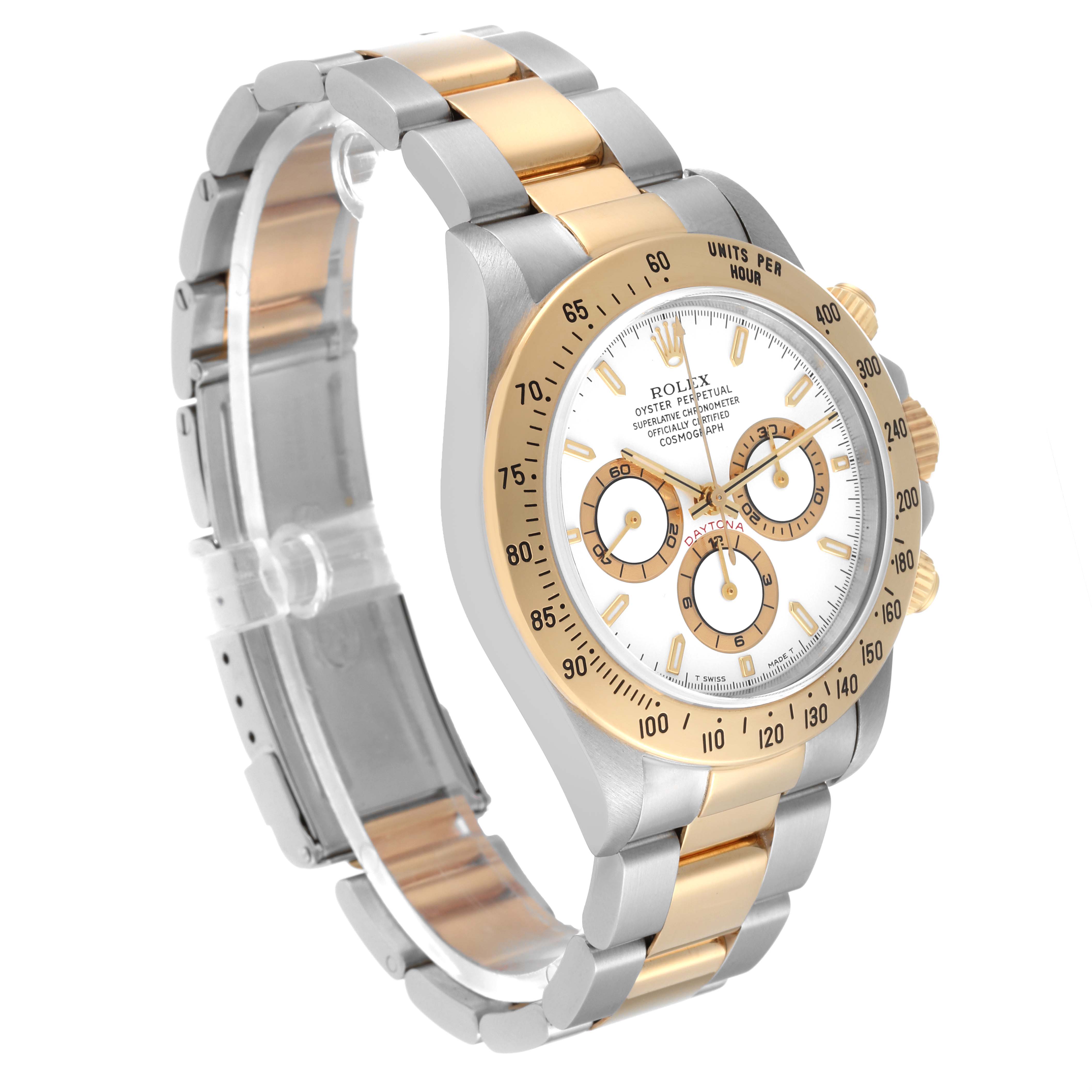 This image shows a Rolex Daytona 16523 Men
s Steel and Gold (two tone) White Dial 16523 Men
s Steel and Gold (two tone) White Dial watch at a front-left angle, displaying its face, bezel, and bracelet.