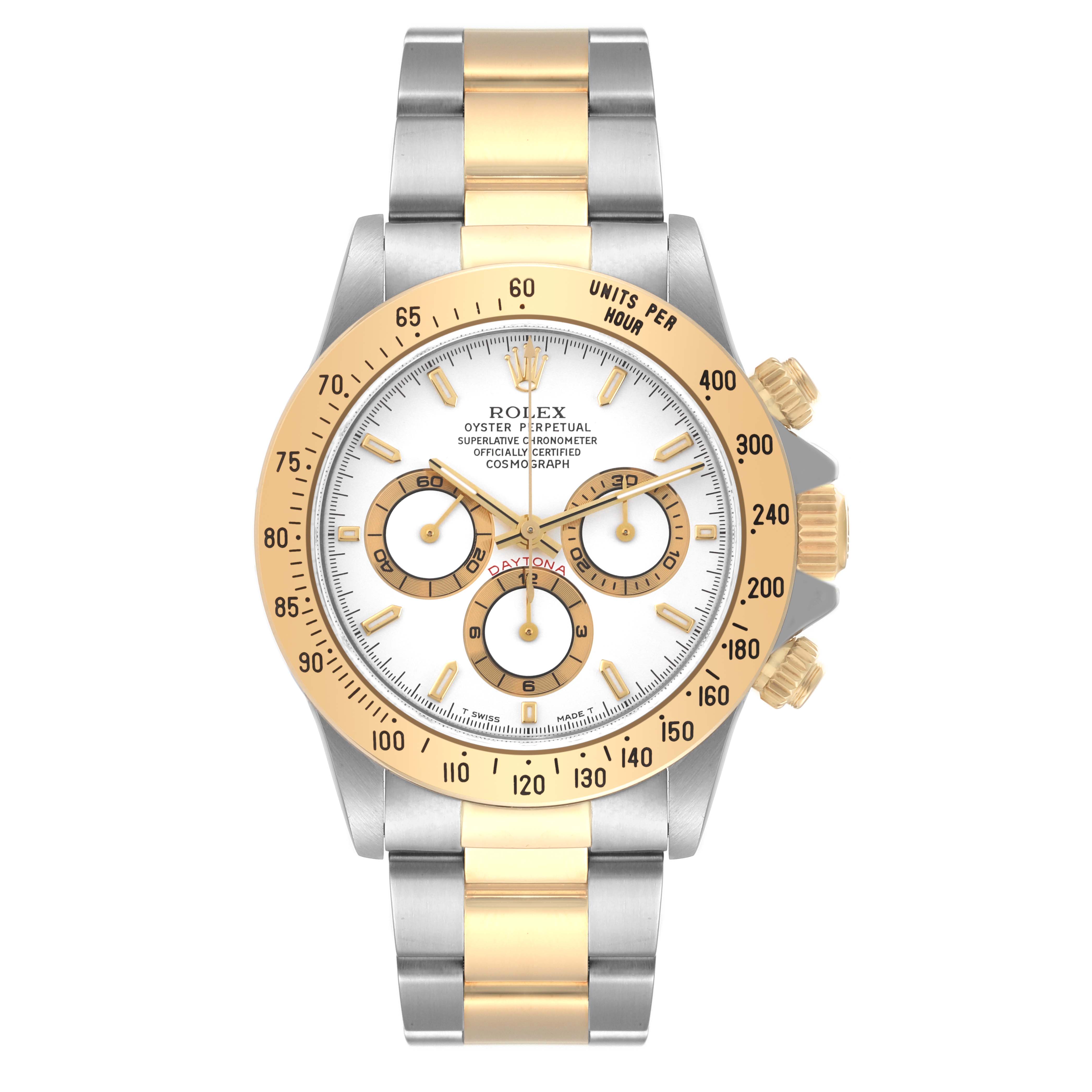 The image shows a front view of a Rolex Daytona 16523 Men
s Steel and Gold (two tone) White Dial 16523 Men
s Steel and Gold (two tone) White Dial watch featuring a two-tone metal bracelet and three sub-dials on the face.