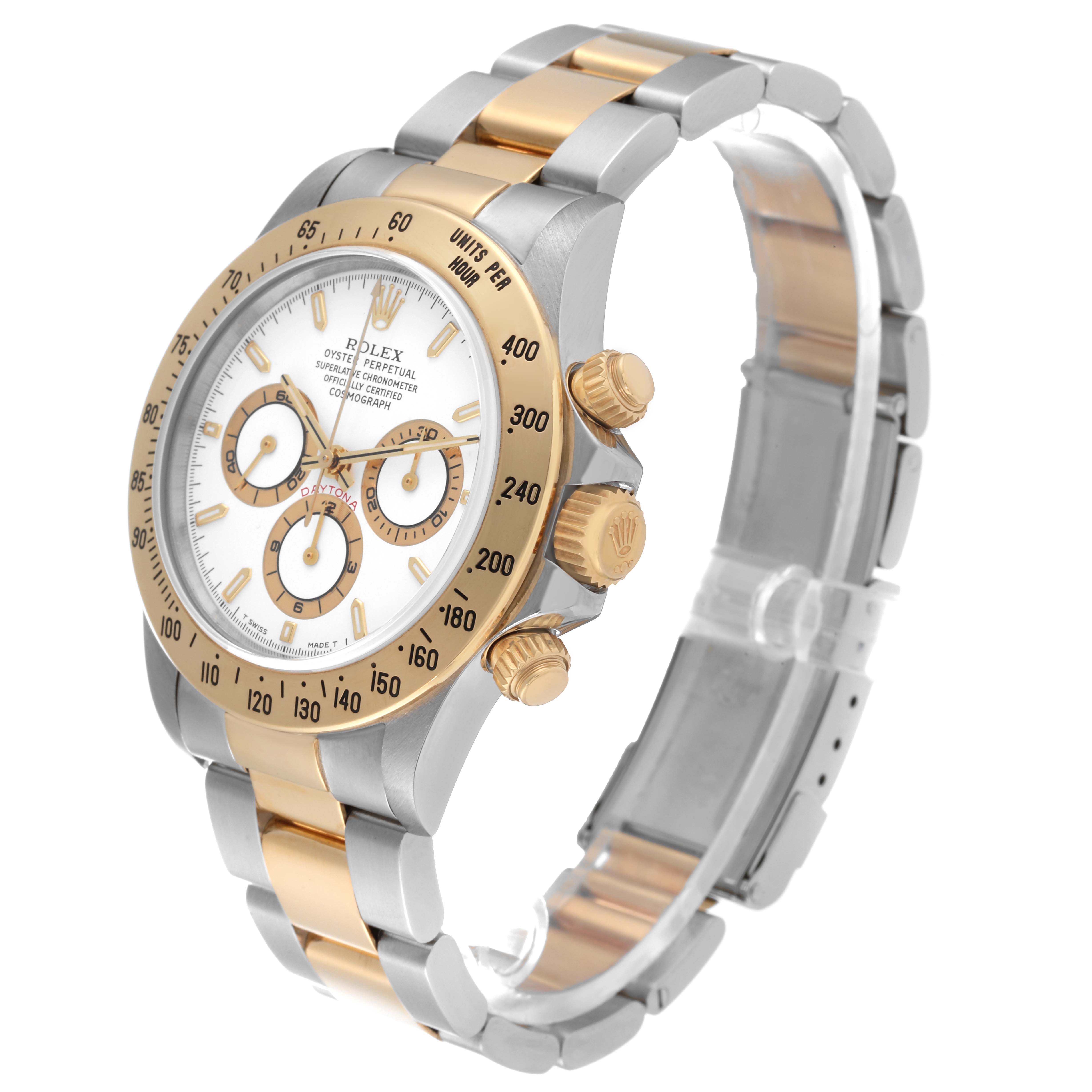 The image shows a side and top view of the Rolex Daytona 16523 Men
s Steel and Gold (two tone) White Dial 16523 Men
s Steel and Gold (two tone) White Dial watch, featuring its dial, chronograph pushers, and bracelet.