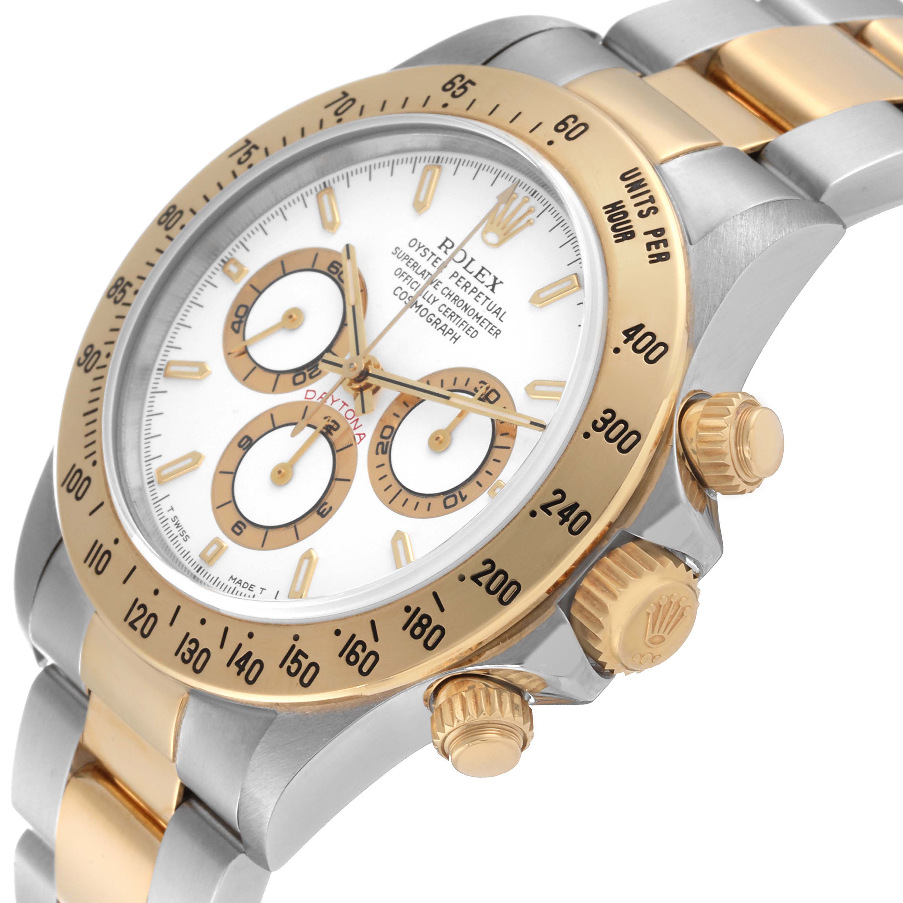 The image shows a close-up angled view of the Rolex Daytona 16523 Men
s Steel and Gold (two tone) White Dial 16523 Men
s Steel and Gold (two tone) White Dial watch, highlighting the bezel, crown, and dial.