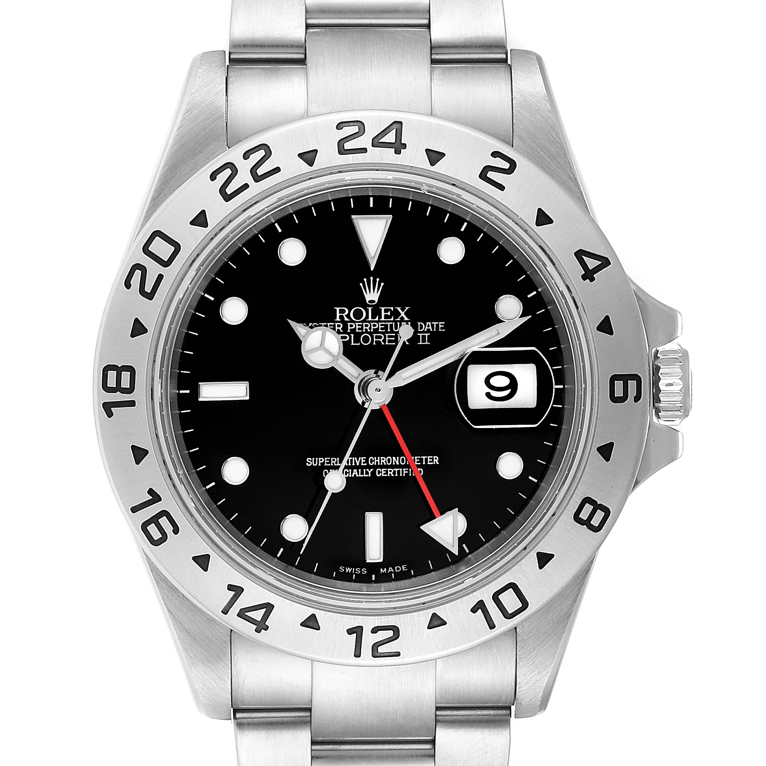 The image shows a front view of the Rolex Explorer 16570 Men
s Stainless Steel Black Dial 16570 Men
s Stainless Steel Black Dial watch, displaying its dial, bezel, and a portion of the bracelet.