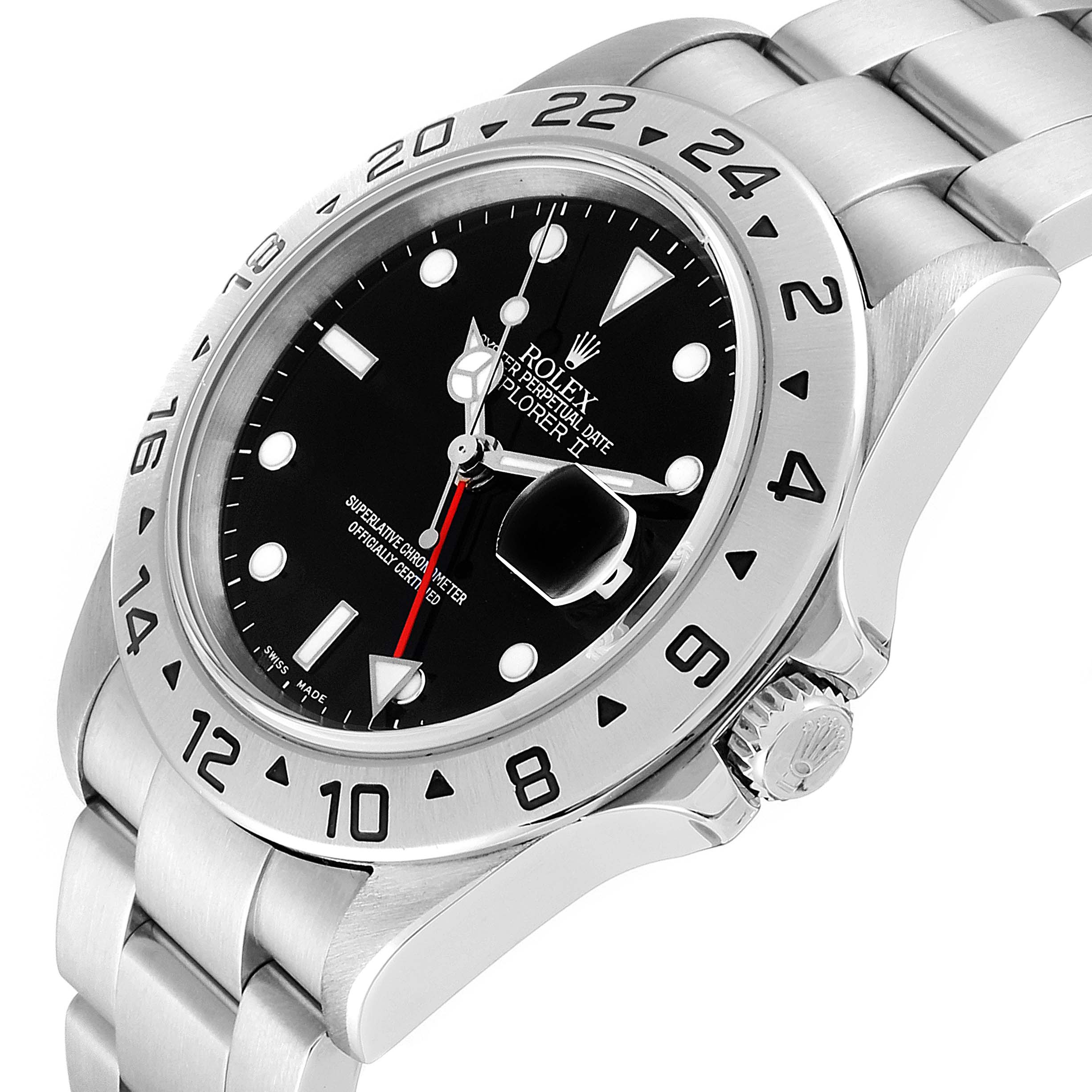 The image shows a Rolex Explorer 16570 Men
s Stainless Steel Black Dial 16570 Men
s Stainless Steel Black Dial watch angled from the top right, highlighting the dial, bezel, crown, and bracelet.