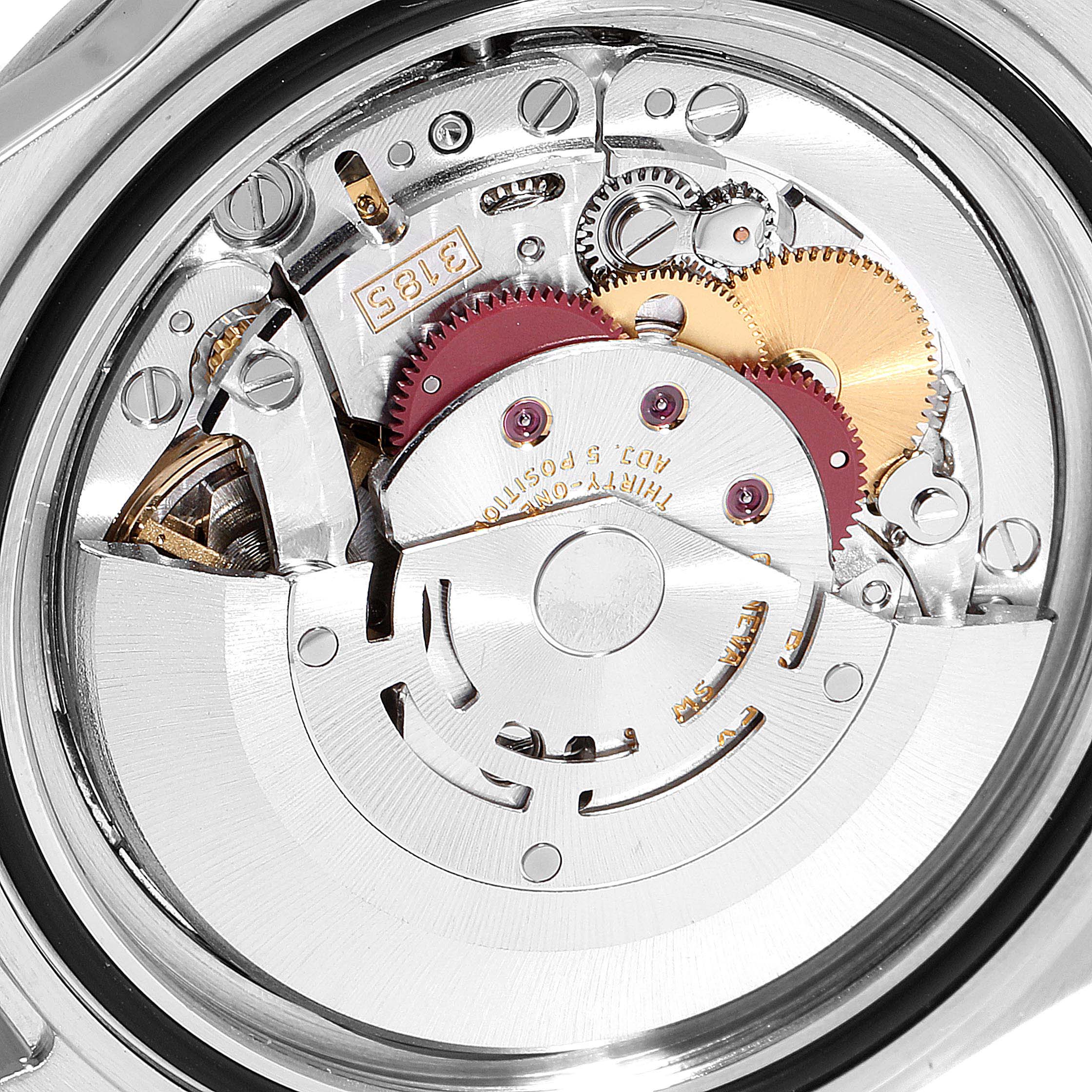 This image shows an up-close view of the internal mechanical movement of the Rolex Explorer 16570 Men
s Stainless Steel Black Dial 16570 Men
s Stainless Steel Black Dial watch.