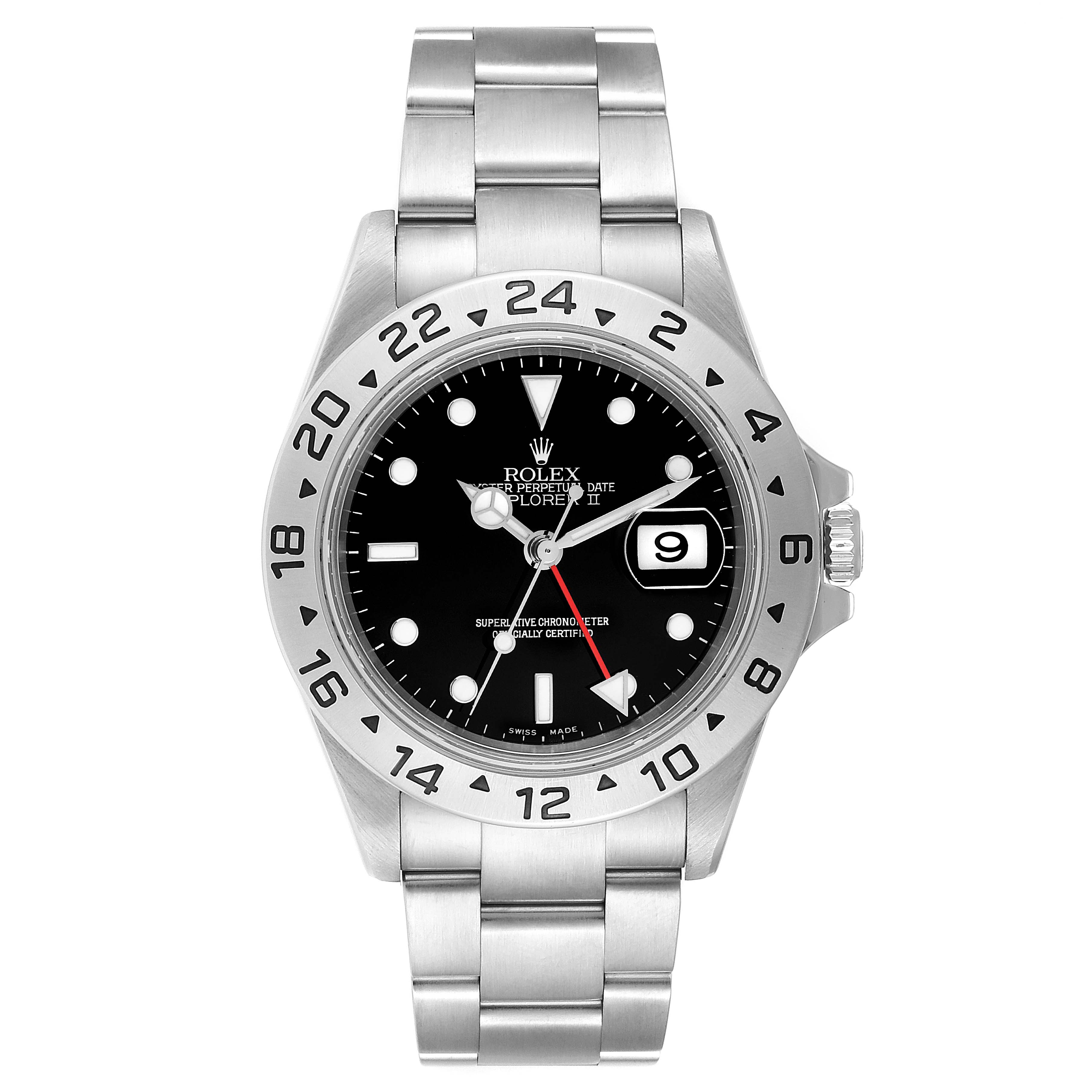This image shows the front view of the Rolex Explorer 16570 Men
s Stainless Steel Black Dial 16570 Men
s Stainless Steel Black Dial watch, displaying its dial, bezel, and bracelet.