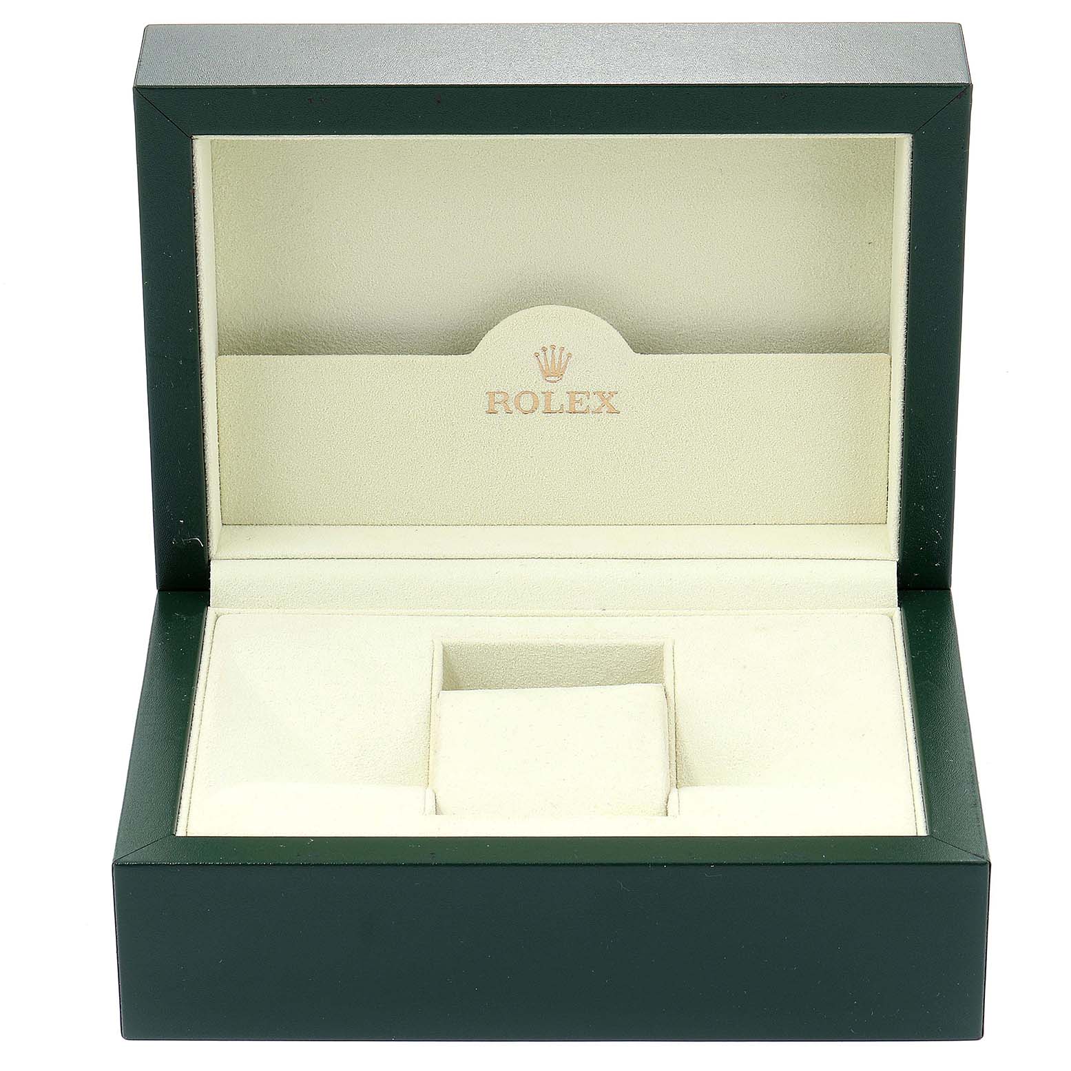 The image shows an empty green and beige Rolex Explorer 16570 Men
s Stainless Steel Black Dial 16570 Men
s Stainless Steel Black Dial watch box from a straight-on angle.