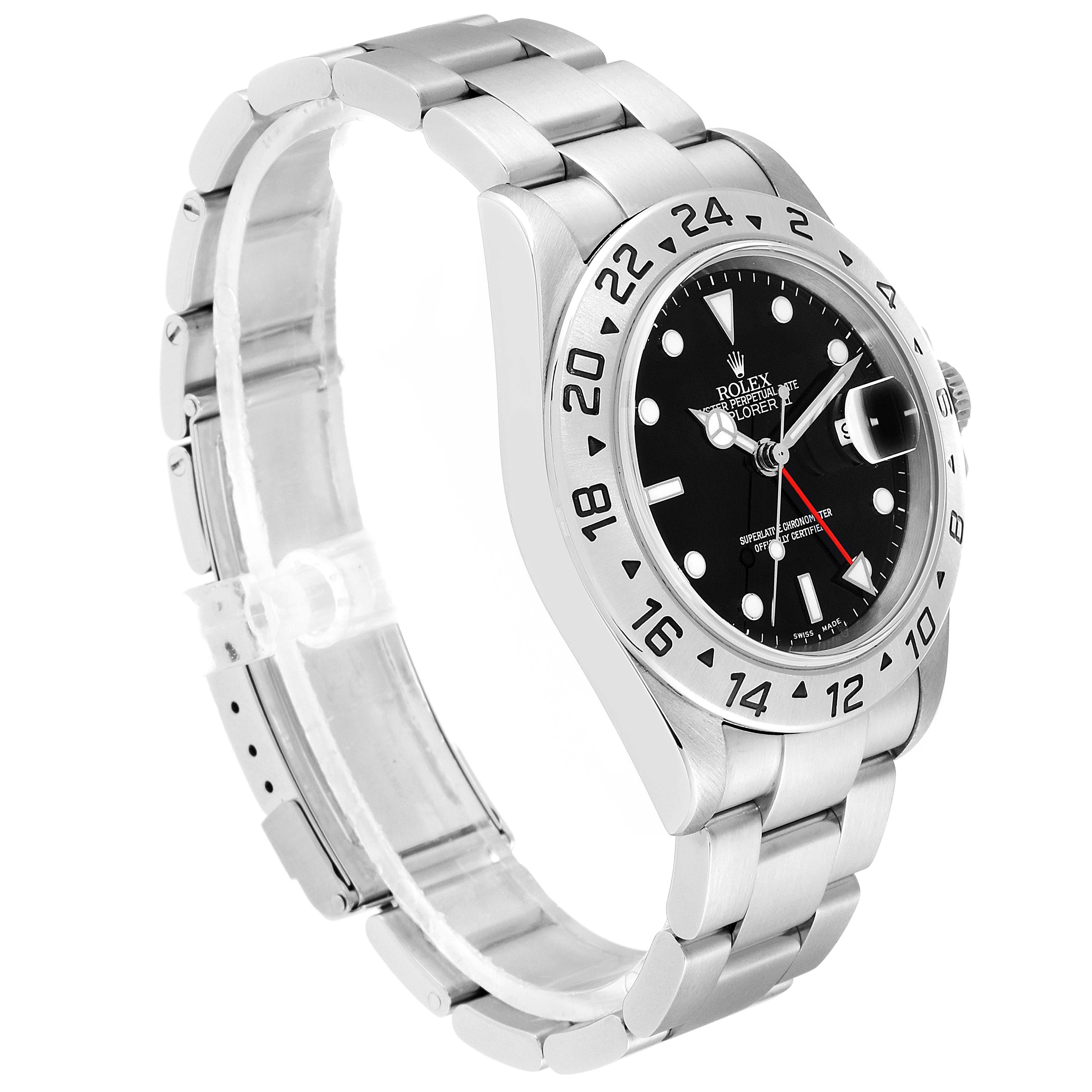 The image shows a side angle of a Rolex Explorer 16570 Men
s Stainless Steel Black Dial 16570 Men
s Stainless Steel Black Dial watch, featuring its bezel, dial, and bracelet.