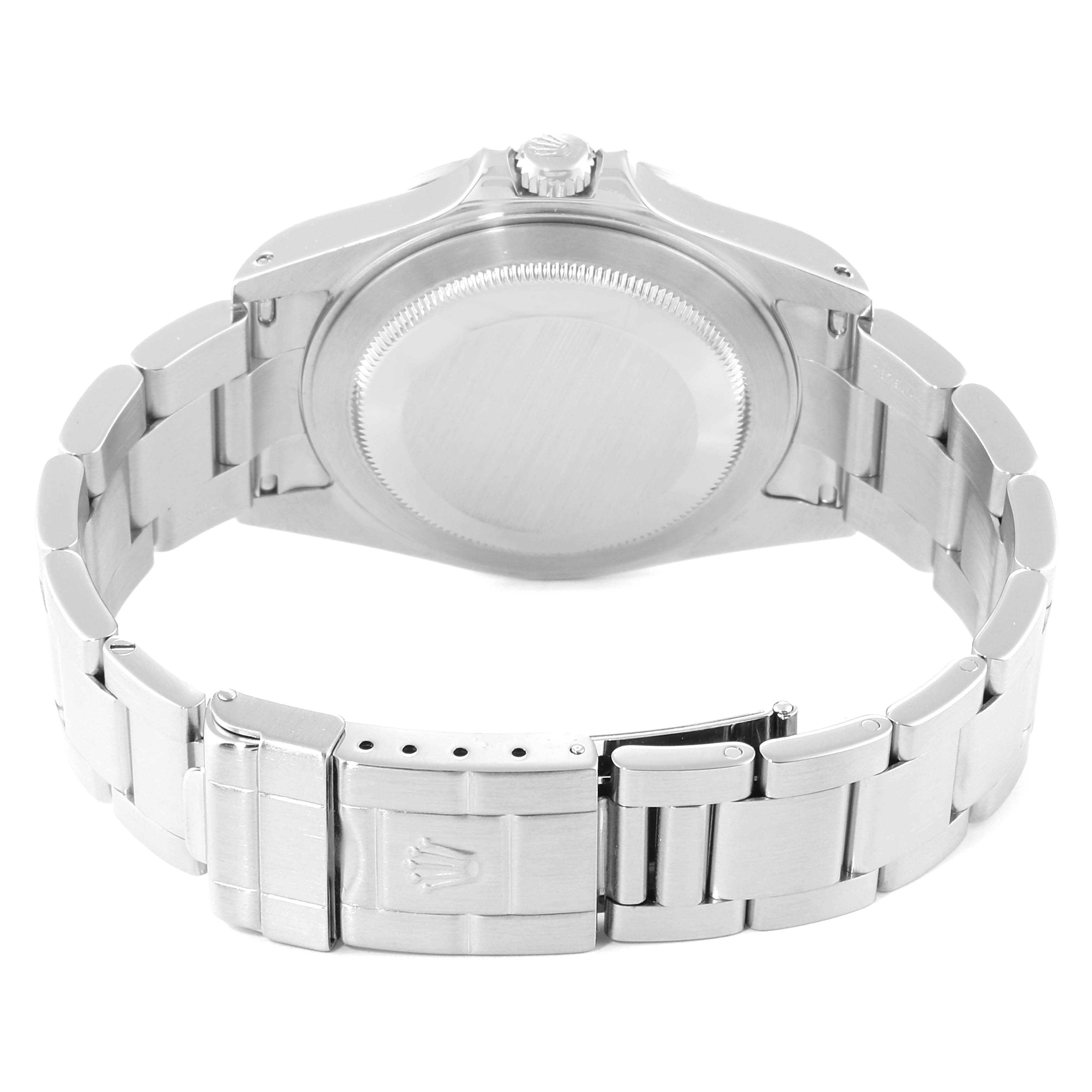 This image shows the back case and bracelet of a Rolex Explorer 16570 Men
s Stainless Steel Black Dial 16570 Men
s Stainless Steel Black Dial watch, viewed from the rear.