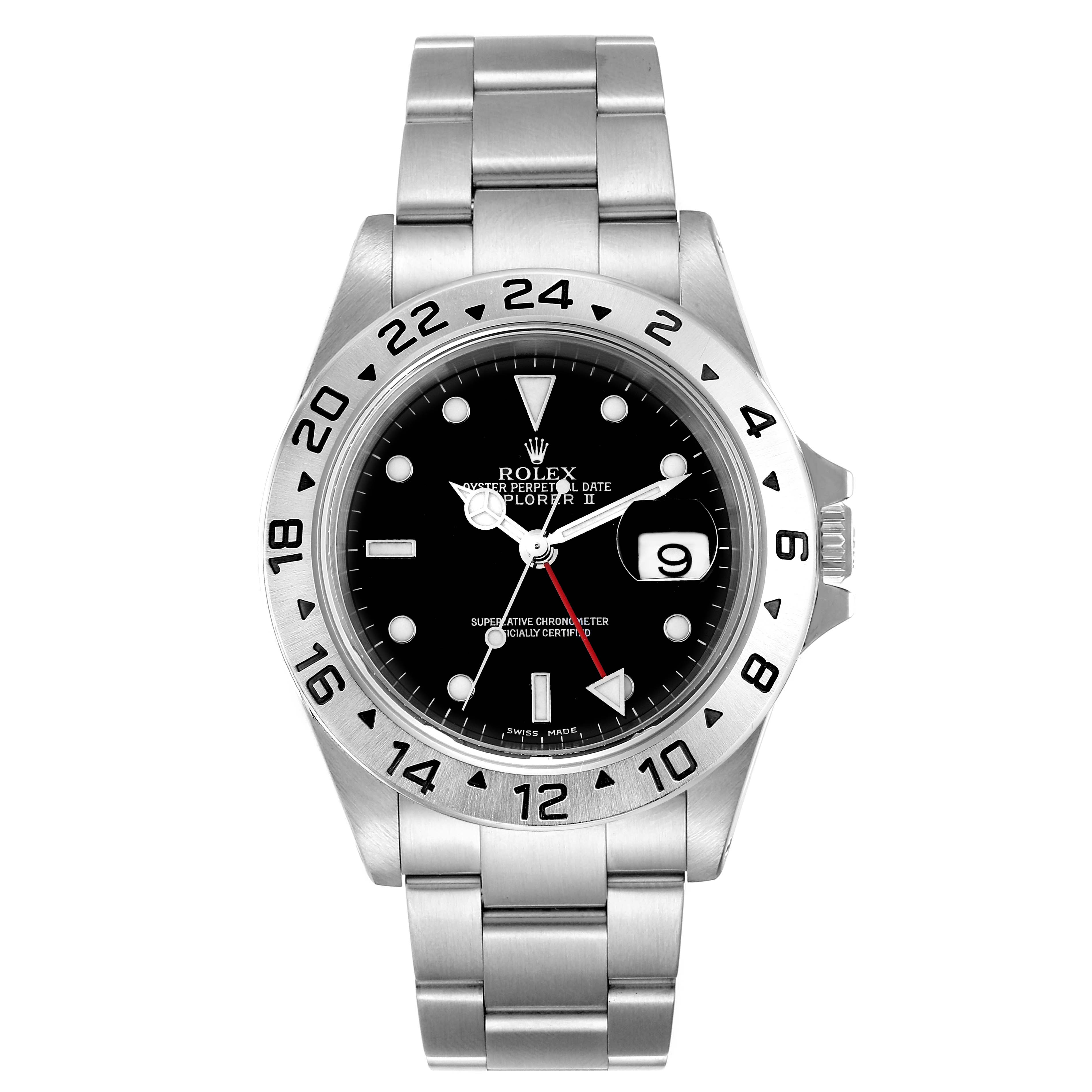 The image shows a front view of a Rolex Explorer 16570 Men
s Stainless Steel Black Dial 16570 Men
s Stainless Steel Black Dial watch, highlighting the dial, bezel, hands, and bracelet.