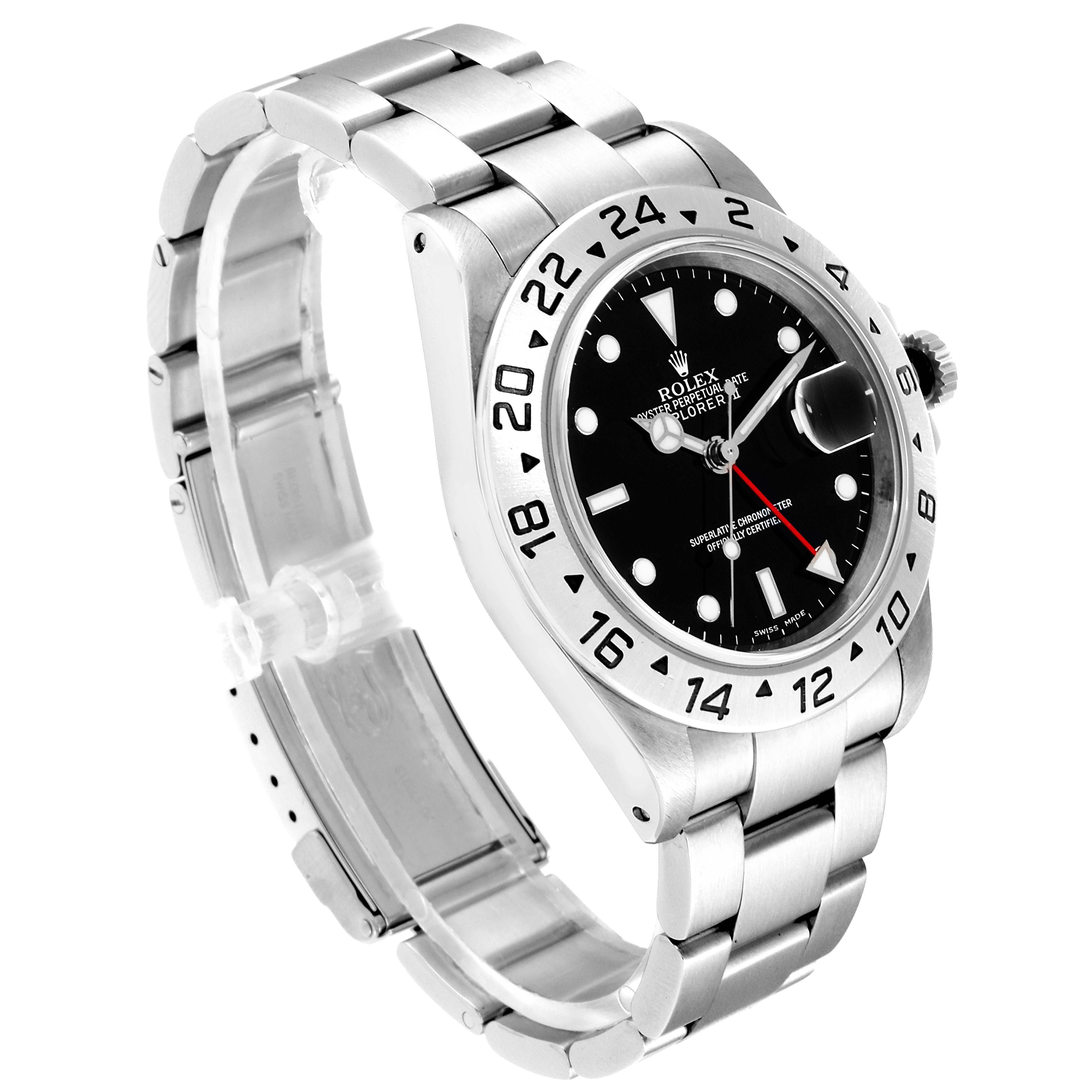 This image shows a front-side angle of a Rolex Explorer 16570 Men
s Stainless Steel Black Dial 16570 Men
s Stainless Steel Black Dial watch, displaying its dial, bracelet, and bezel.
