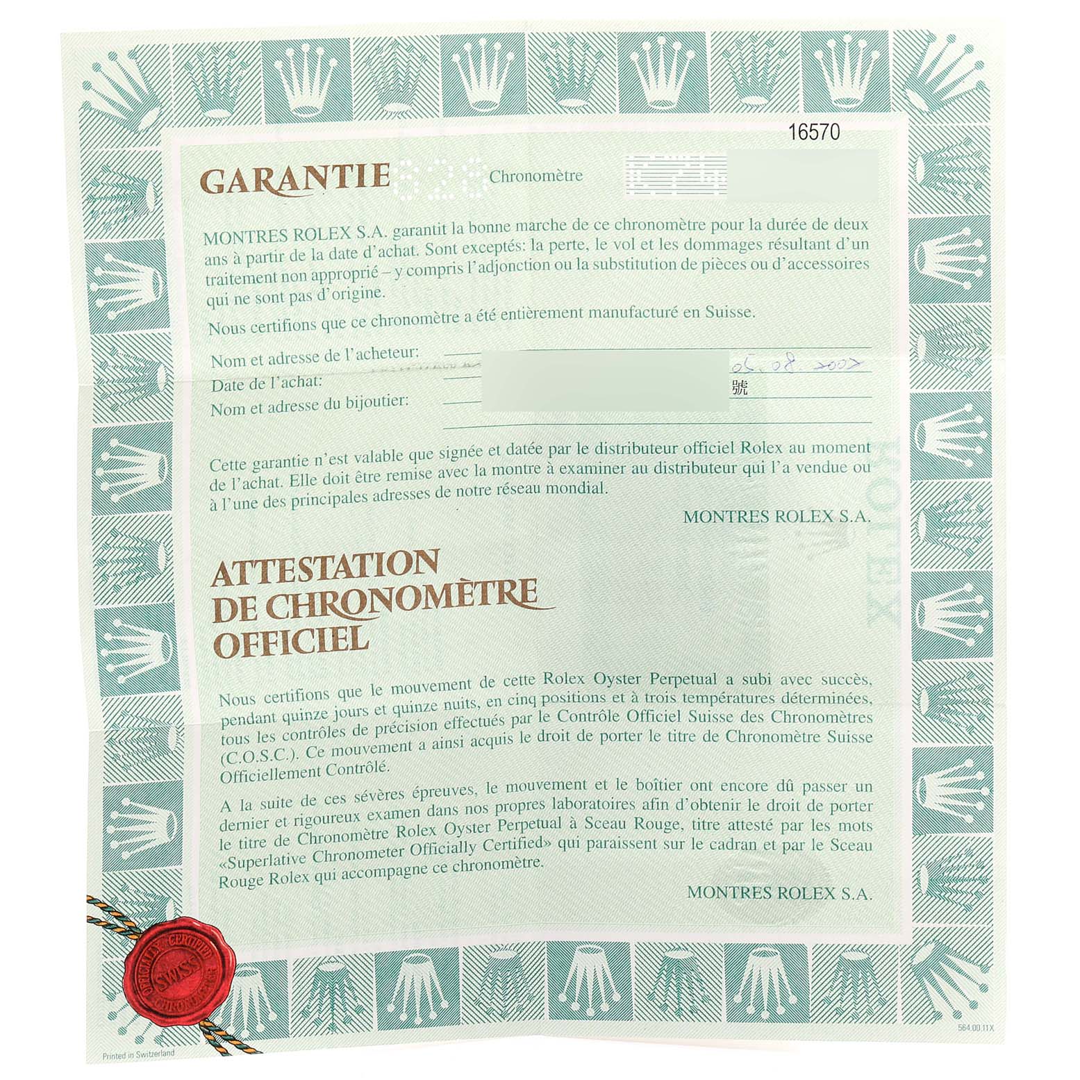 The image shows a warranty certificate for a Rolex Explorer 16570 Men
s Stainless Steel Black Dial 16570 Men
s Stainless Steel Black Dial watch, including the branding and attestation of chronometer certification.