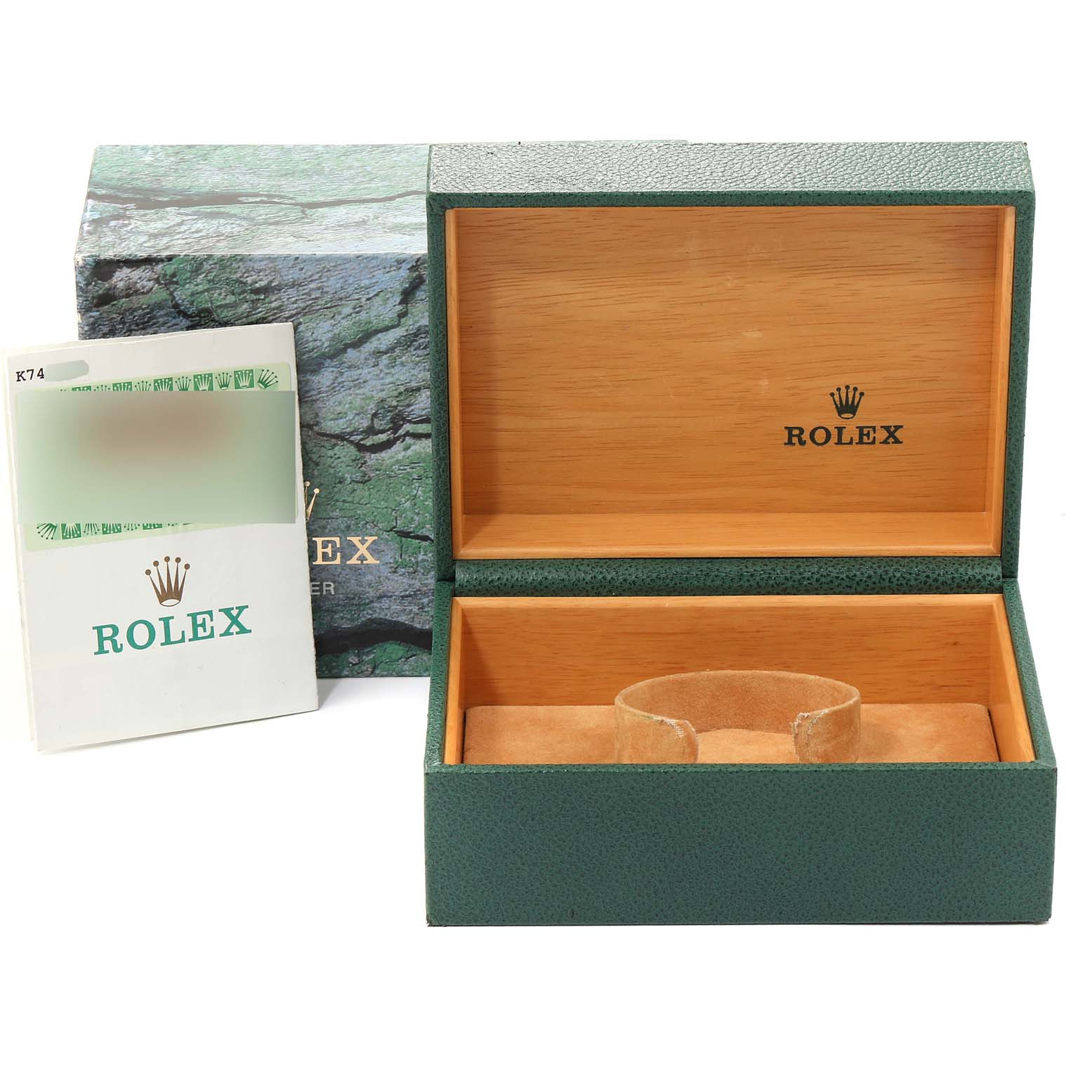This image shows the open box and certificate for a Rolex Explorer 16570 Men
s Stainless Steel Black Dial 16570 Men
s Stainless Steel Black Dial watch.