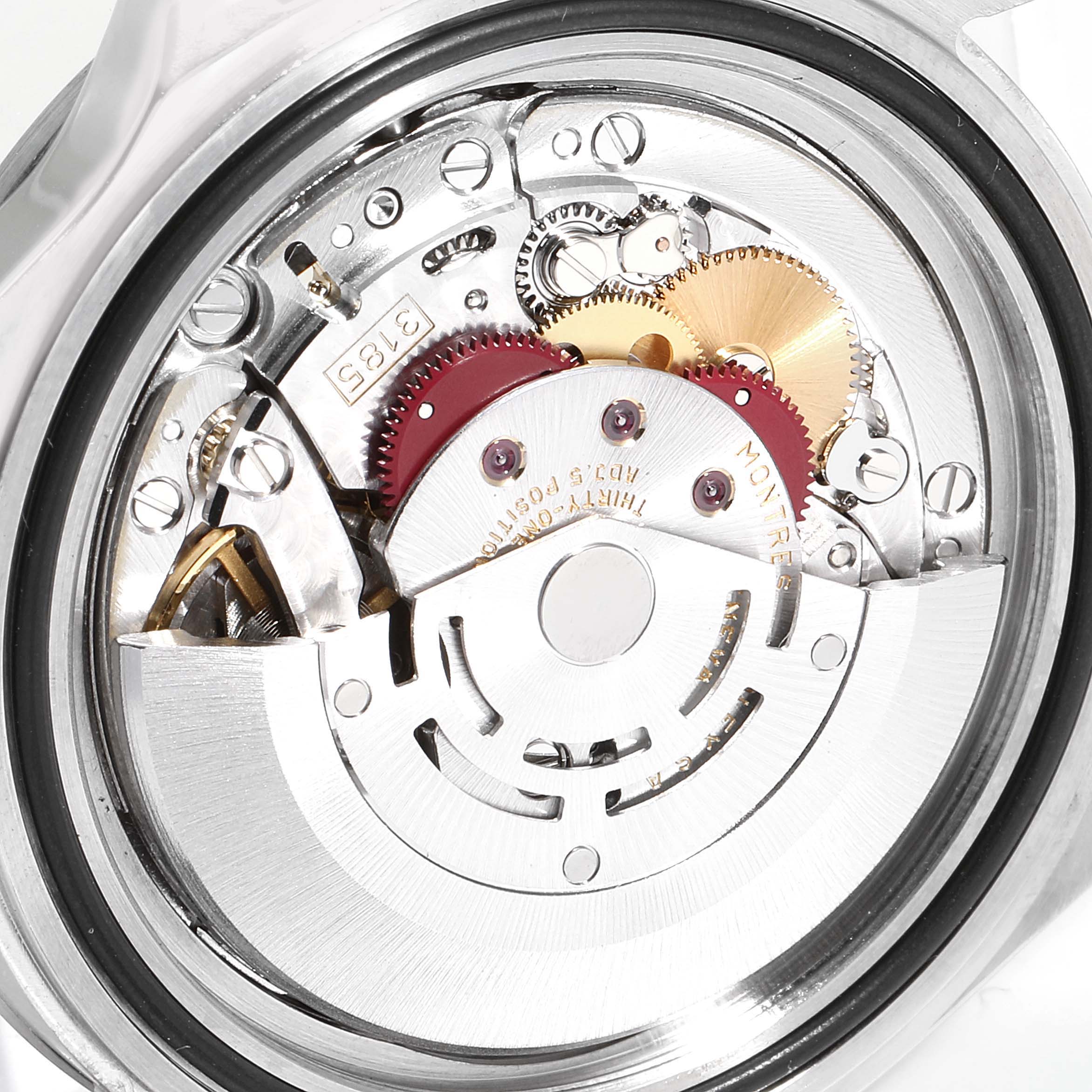 The image shows the intricate internal mechanics and movement of the Rolex Explorer 16570 Men
s Stainless Steel Black Dial 16570 Men
s Stainless Steel Black Dial watch.