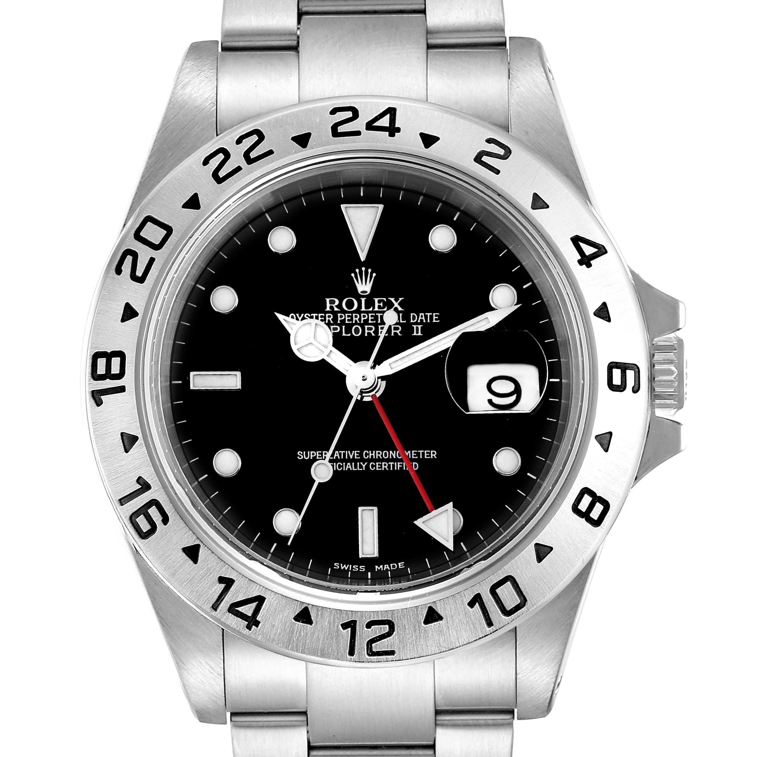This image shows a front view of the Rolex Explorer 16570 Men
s Stainless Steel Black Dial 16570 Men
s Stainless Steel Black Dial watch, highlighting its black dial, date display, and stainless steel bracelet.