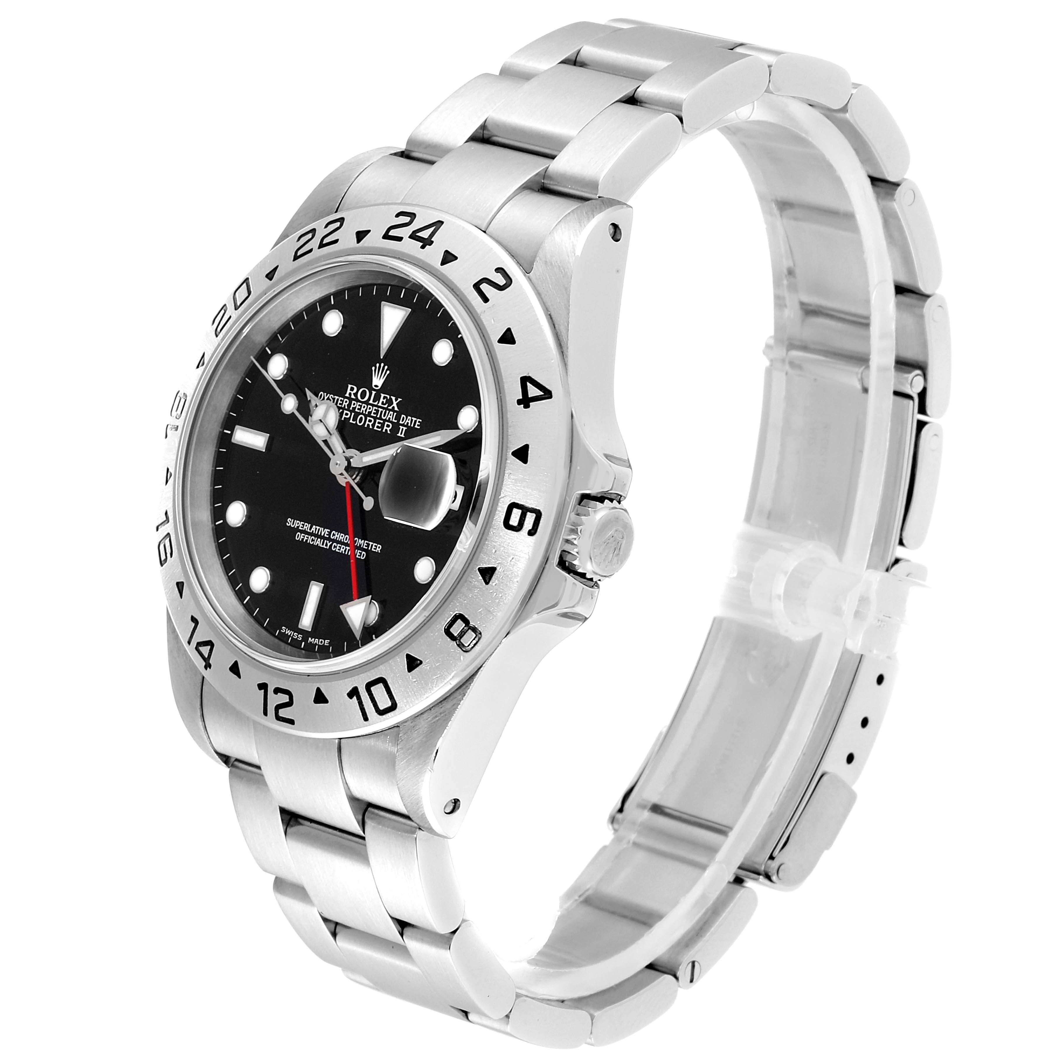 The image shows a Rolex Explorer 16570 Men
s Stainless Steel Black Dial 16570 Men
s Stainless Steel Black Dial model at a three-quarter angle, displaying the face, bezel, and metal bracelet.