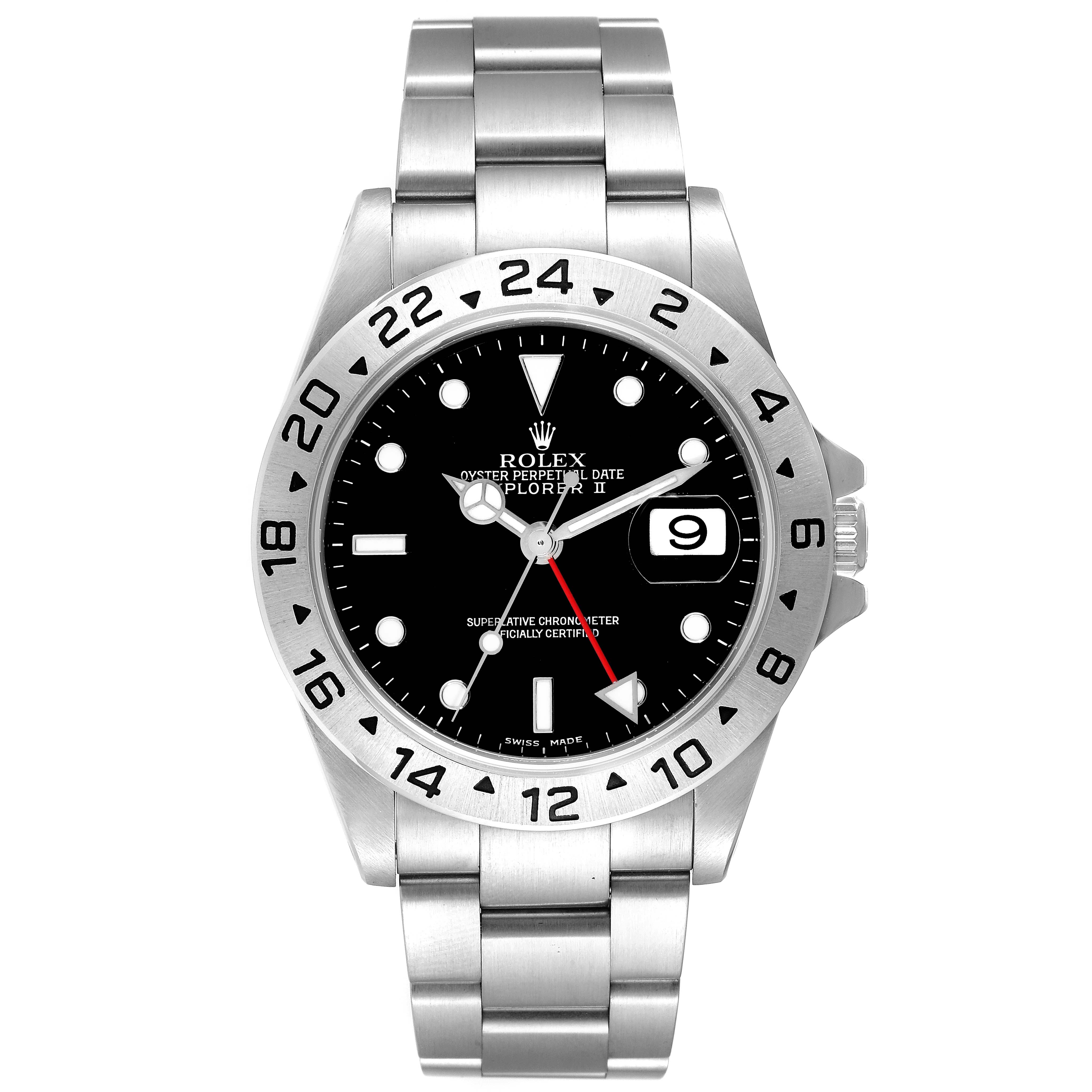 This image shows a front view of the Rolex Explorer 16570 Men's Stainless Steel Black Dial 16570 Men's Stainless Steel Black Dial II, displaying the dial, bezel, hands, date window, and bracelet.