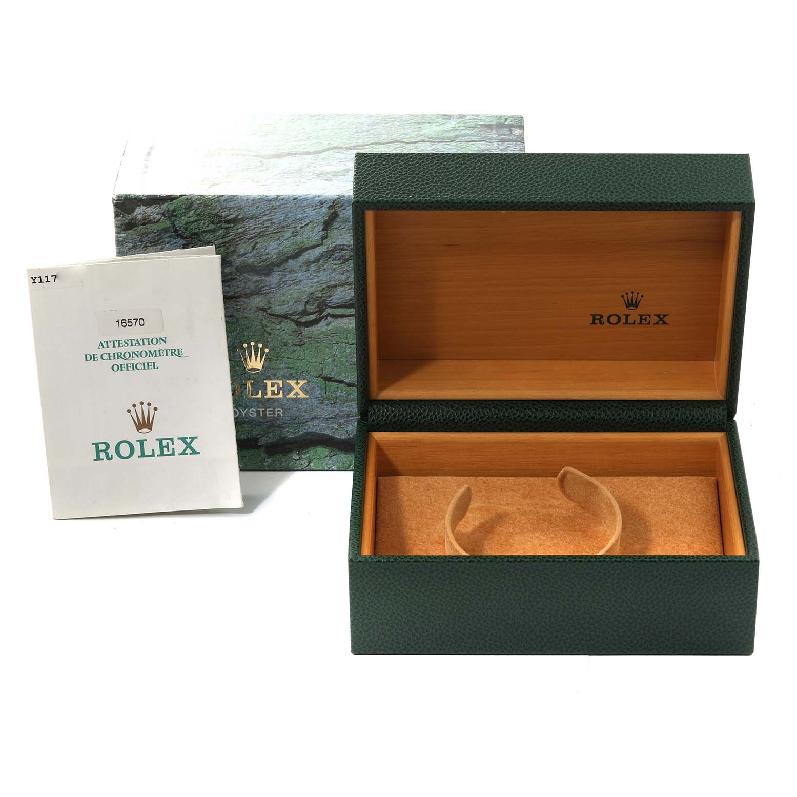 This image shows a Rolex Explorer 16570 Men's Stainless Steel Black Dial 16570 Men's Stainless Steel Black Dial box, with its certificate and internal watch holder, taken from a front angle.