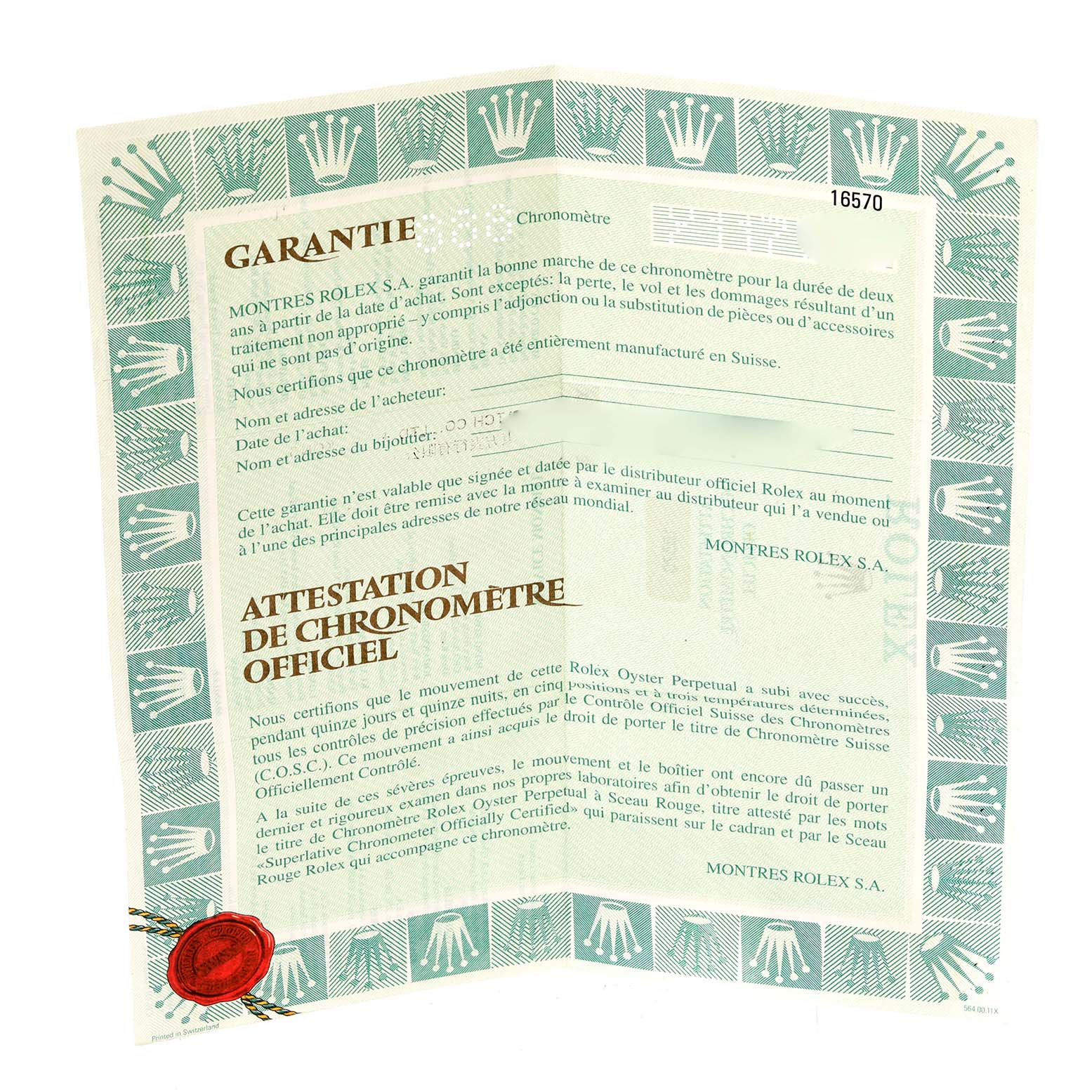 The image shows the warranty and certification paper for the Rolex Explorer 16570 Men's Stainless Steel Black Dial 16570 Men's Stainless Steel Black Dial watch, viewed at an angled perspective.