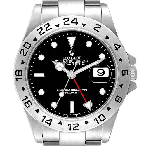 This image shows a front view of a Rolex Explorer II watch, displaying the bezel, dial, hands, and date window.