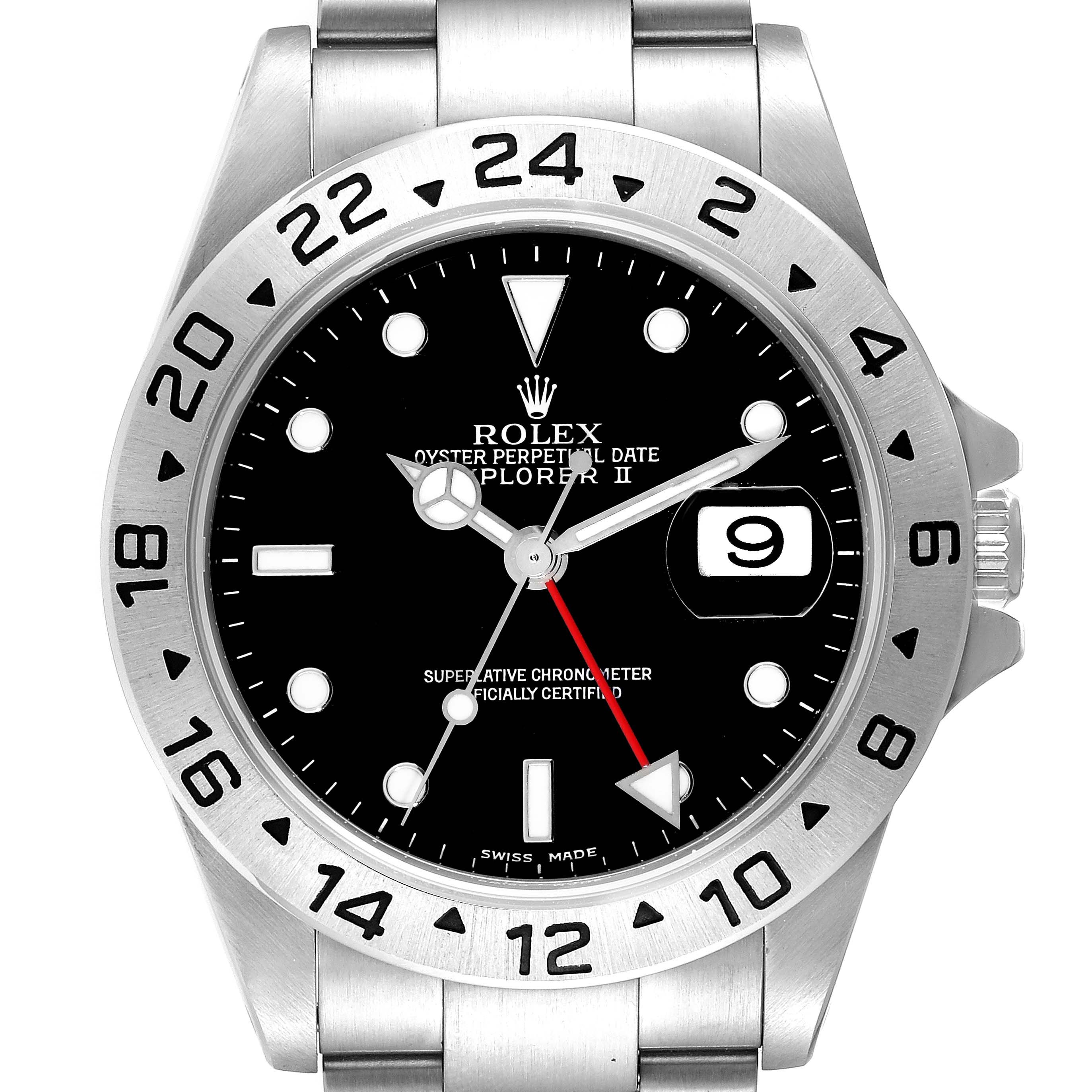 The Rolex Explorer 16570 Men's Stainless Steel Black Dial 16570 Men's Stainless Steel Black Dial watch is shown from the front, highlighting its black dial, date window, and 24-hour bezel.
