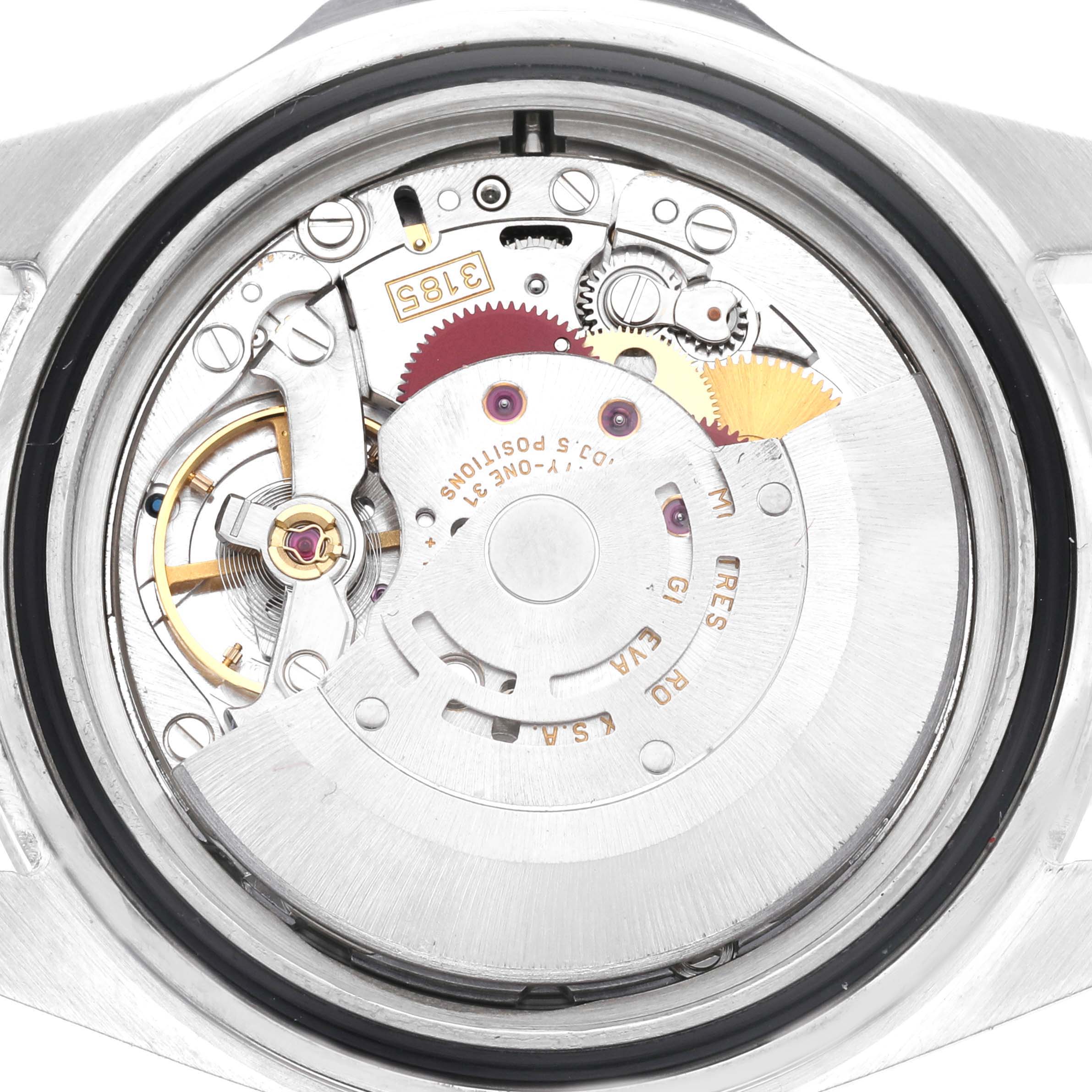 The image shows the internal movement mechanism of a Rolex Explorer 16570 Men's Stainless Steel Black Dial 16570 Men's Stainless Steel Black Dial watch from a rear, close-up angle.