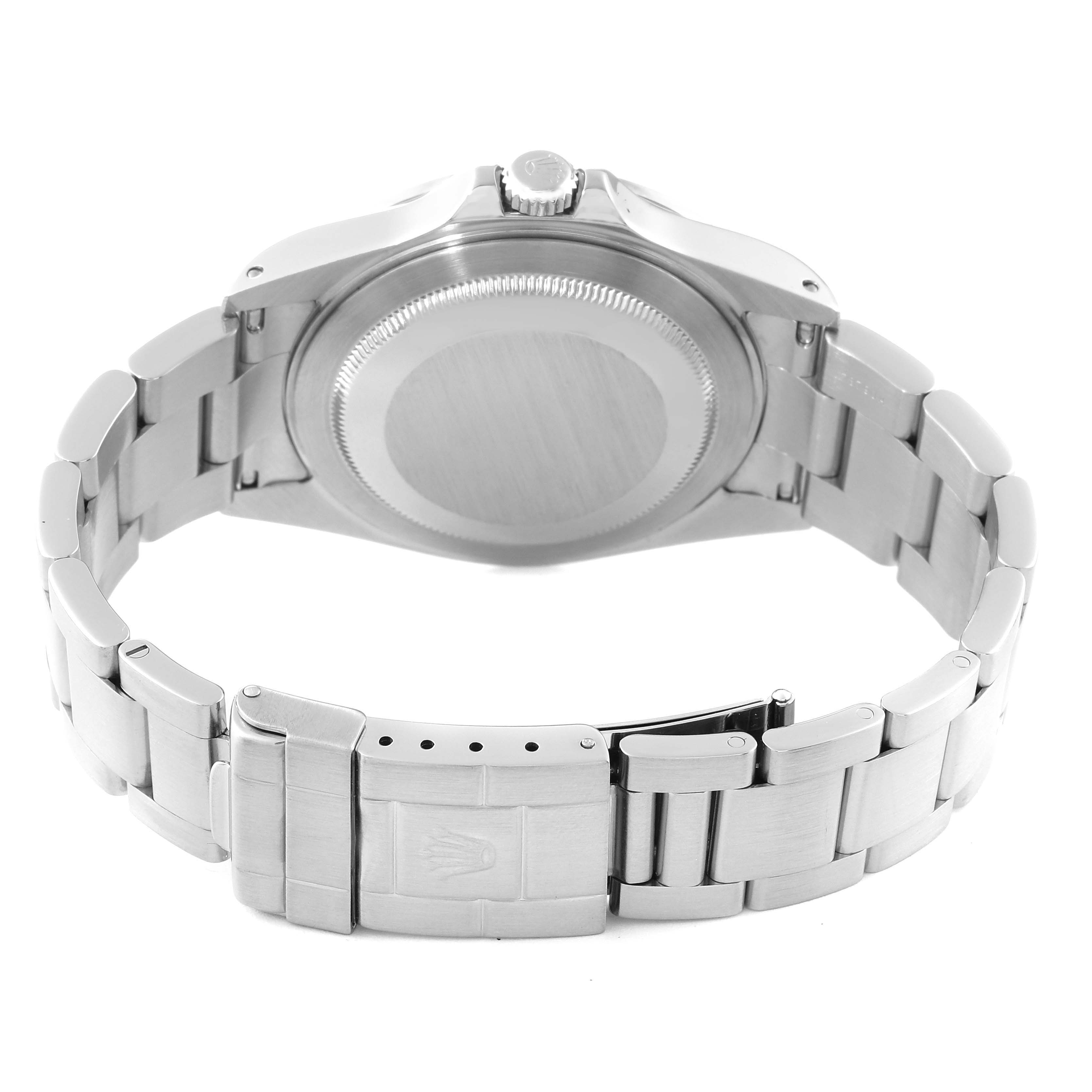 The image shows the back and bracelet of a Rolex Explorer 16570 Men's Stainless Steel Black Dial 16570 Men's Stainless Steel Black Dial watch, highlighting the clasp and case back.