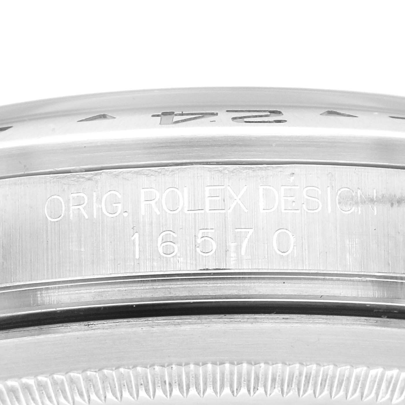 This close-up angle shows the engraved details on the side of the case back of the Rolex Explorer 16570 Men's Stainless Steel Black Dial 16570 Men's Stainless Steel Black Dial 16570.