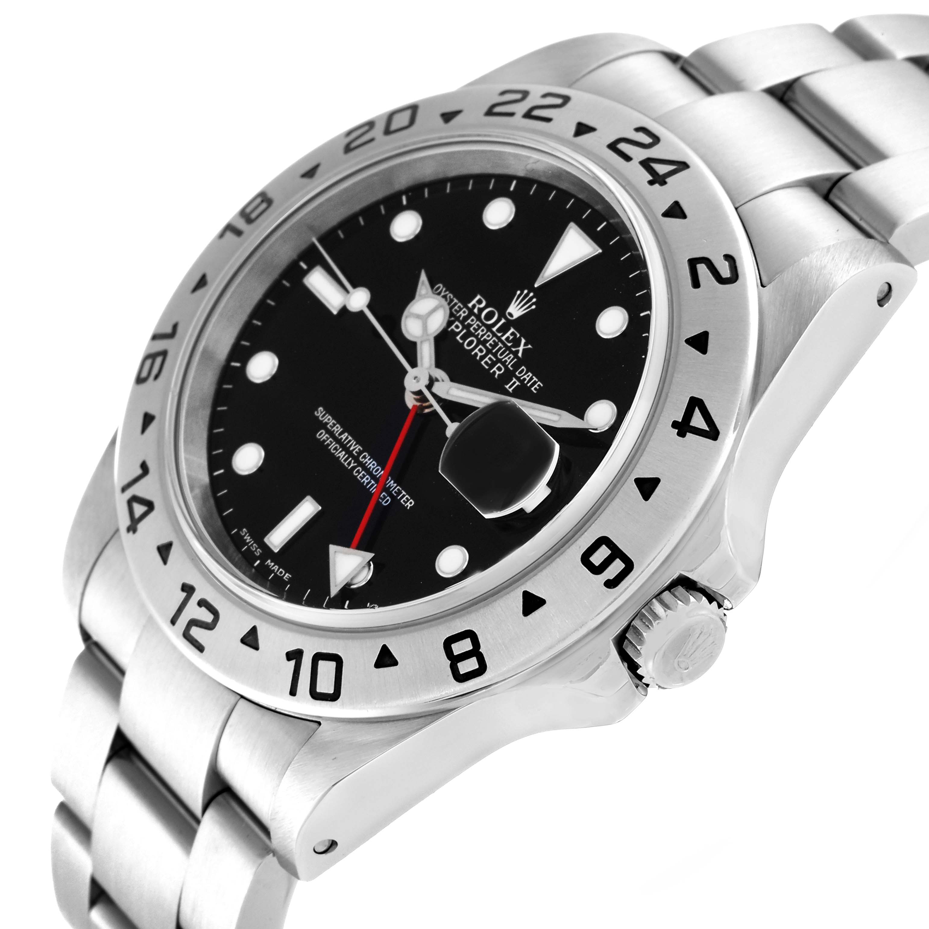 The image shows a Rolex Explorer 16570 Men's Stainless Steel Black Dial 16570 Men's Stainless Steel Black Dial watch from a 3/4 angle, highlighting its face, bezel, crown, and part of its metal bracelet.