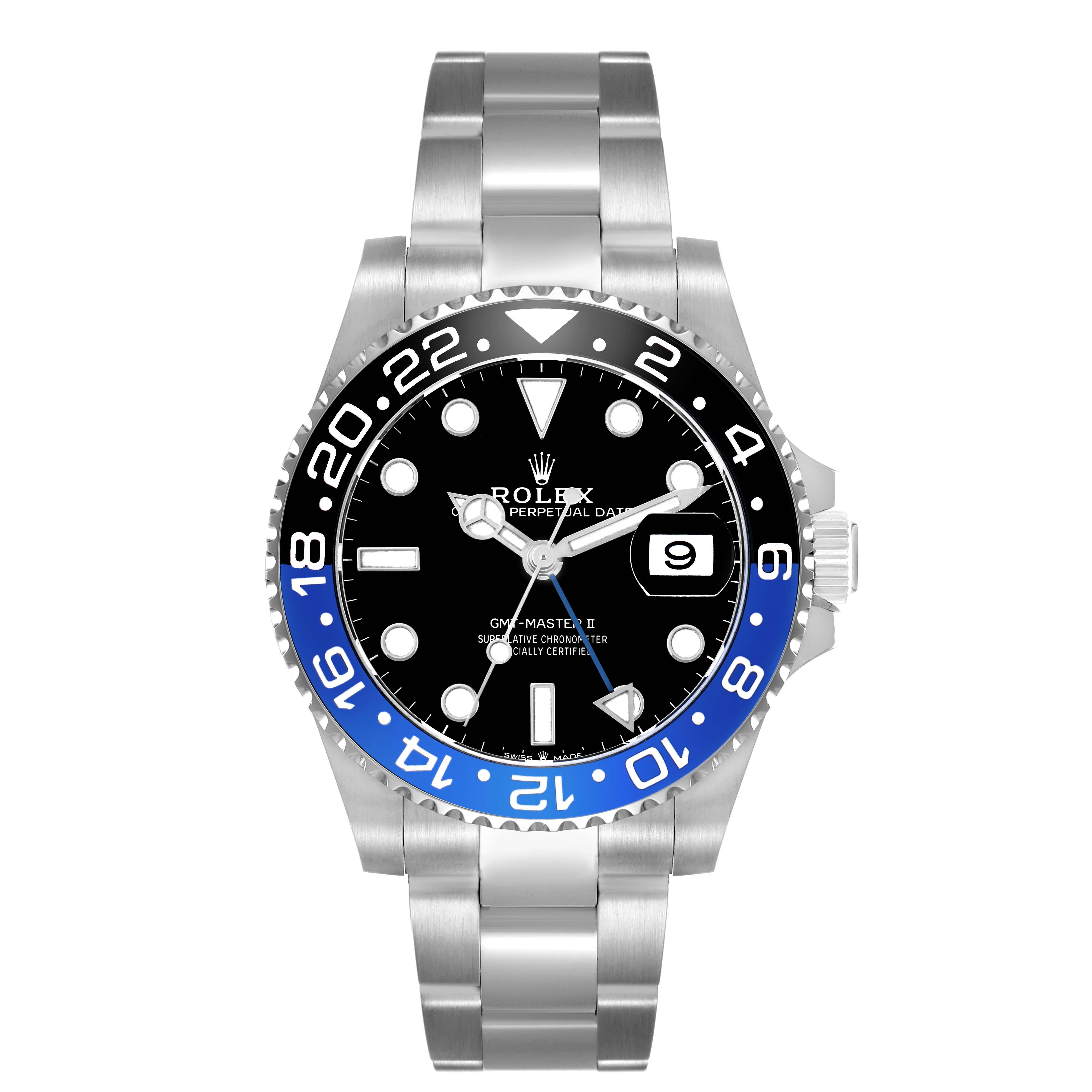 The Rolex GMT-Master 126710 Men
s Stainless Steel Black Dial II watch is shown from the front, highlighting the dial, bezel, and bracelet.