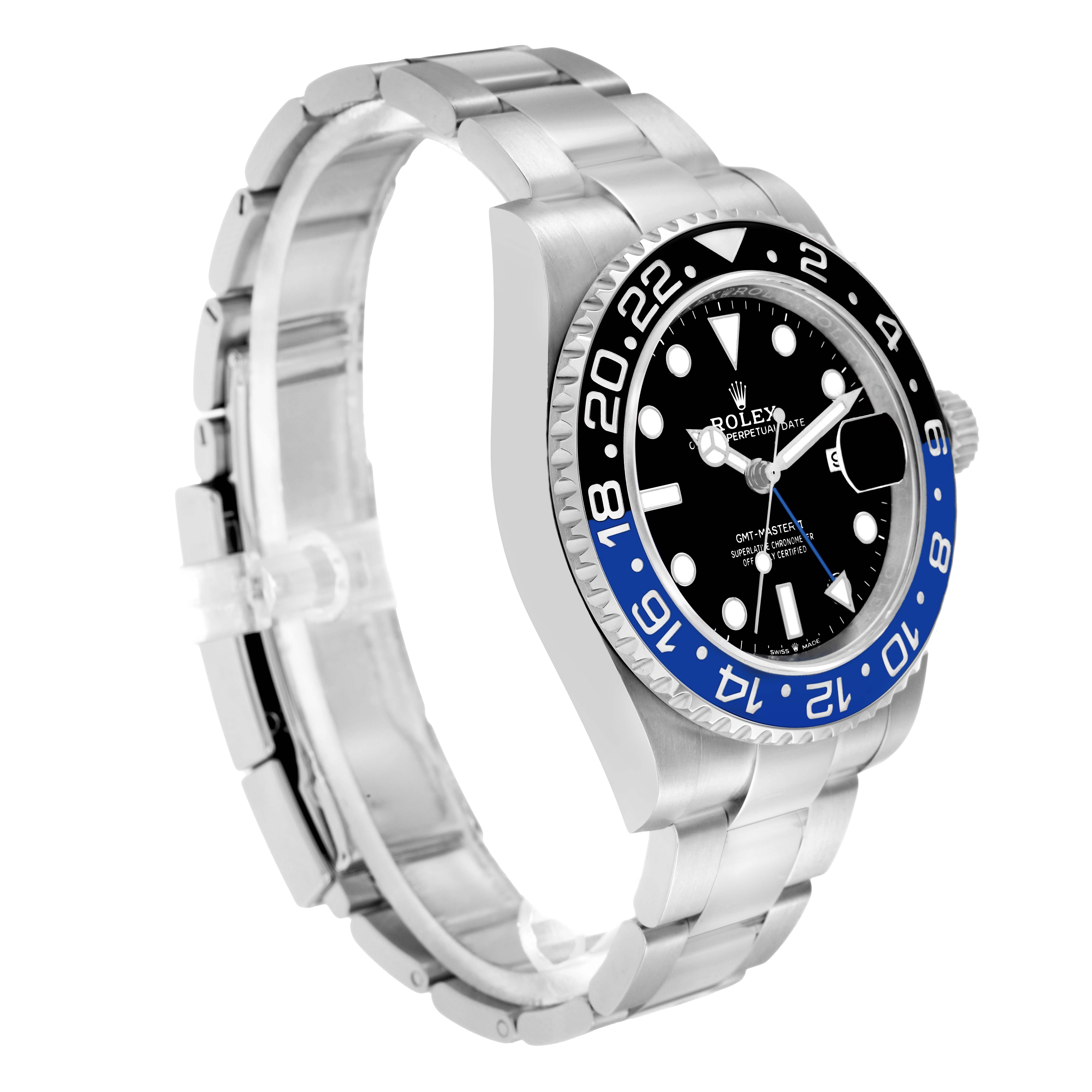 The Rolex GMT-Master 126710 Men
s Stainless Steel Black Dial watch is shown at an angled side view, displaying the bezel, face, case, and bracelet.