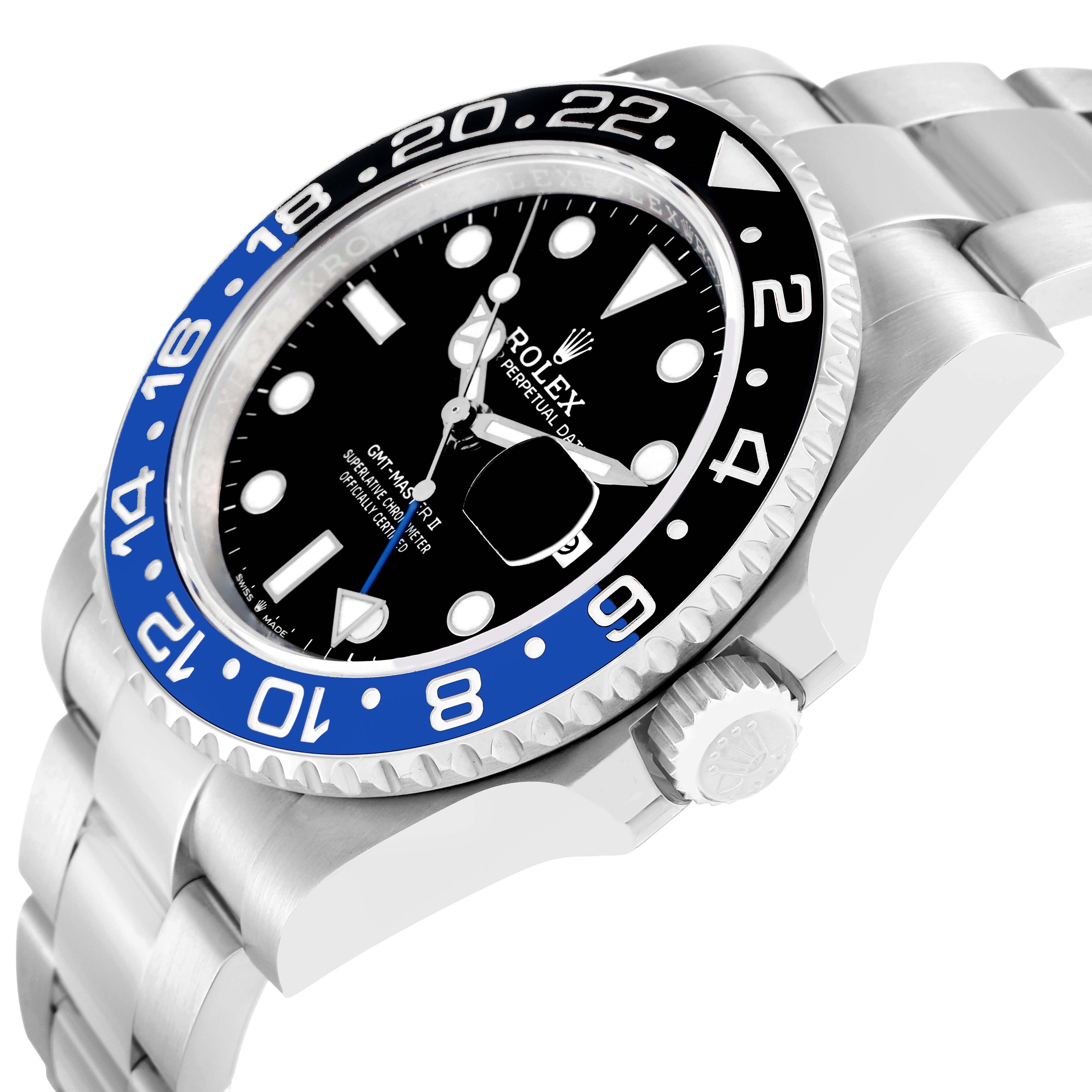 The Rolex GMT-Master 126710 Men
s Stainless Steel Black Dial watch is shown from an angled side view, highlighting the bezel, crown, and part of the bracelet.