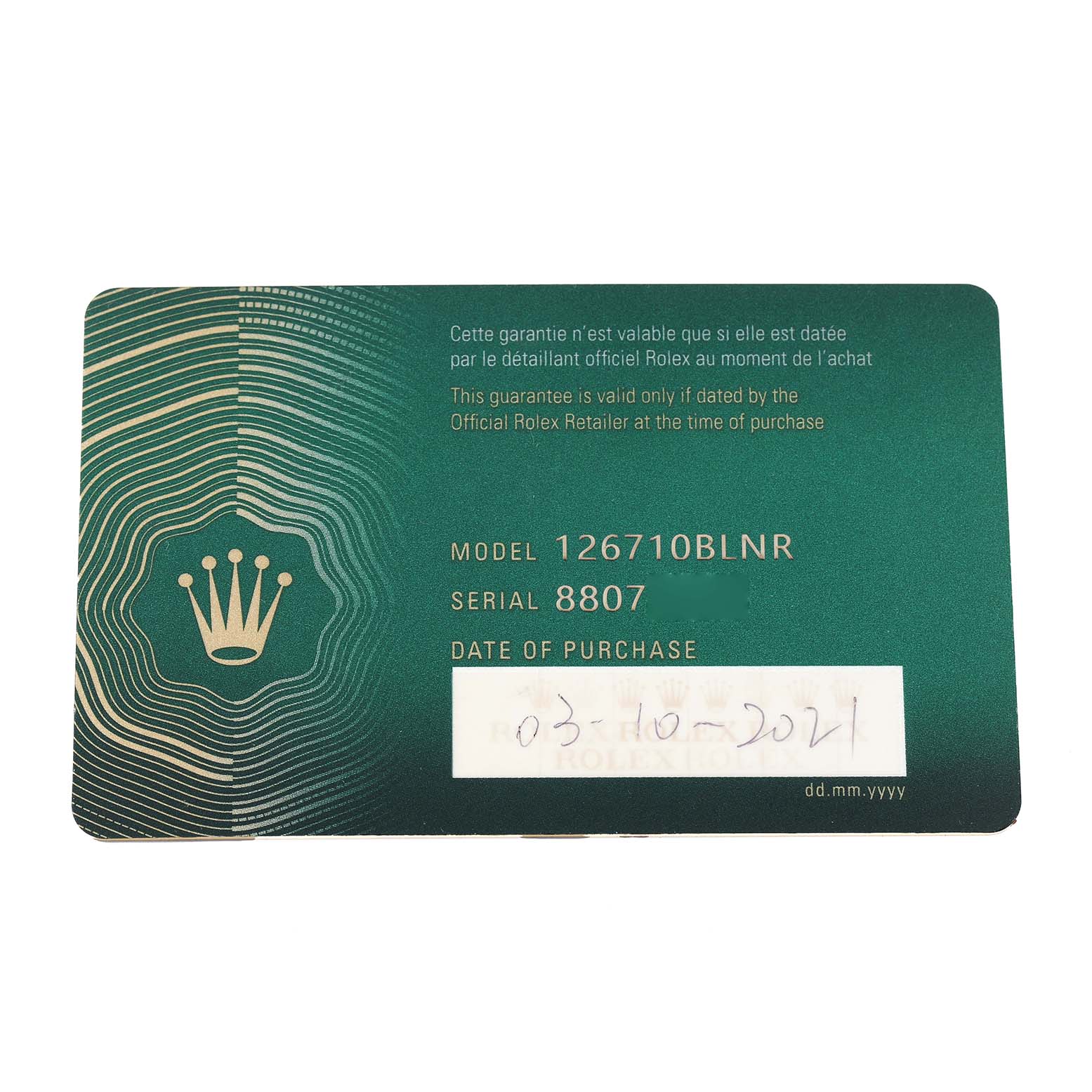 This image shows a flat view of the Rolex GMT-Master 126710 Men
s Stainless Steel Black Dial model 126710BLNR warranty card.